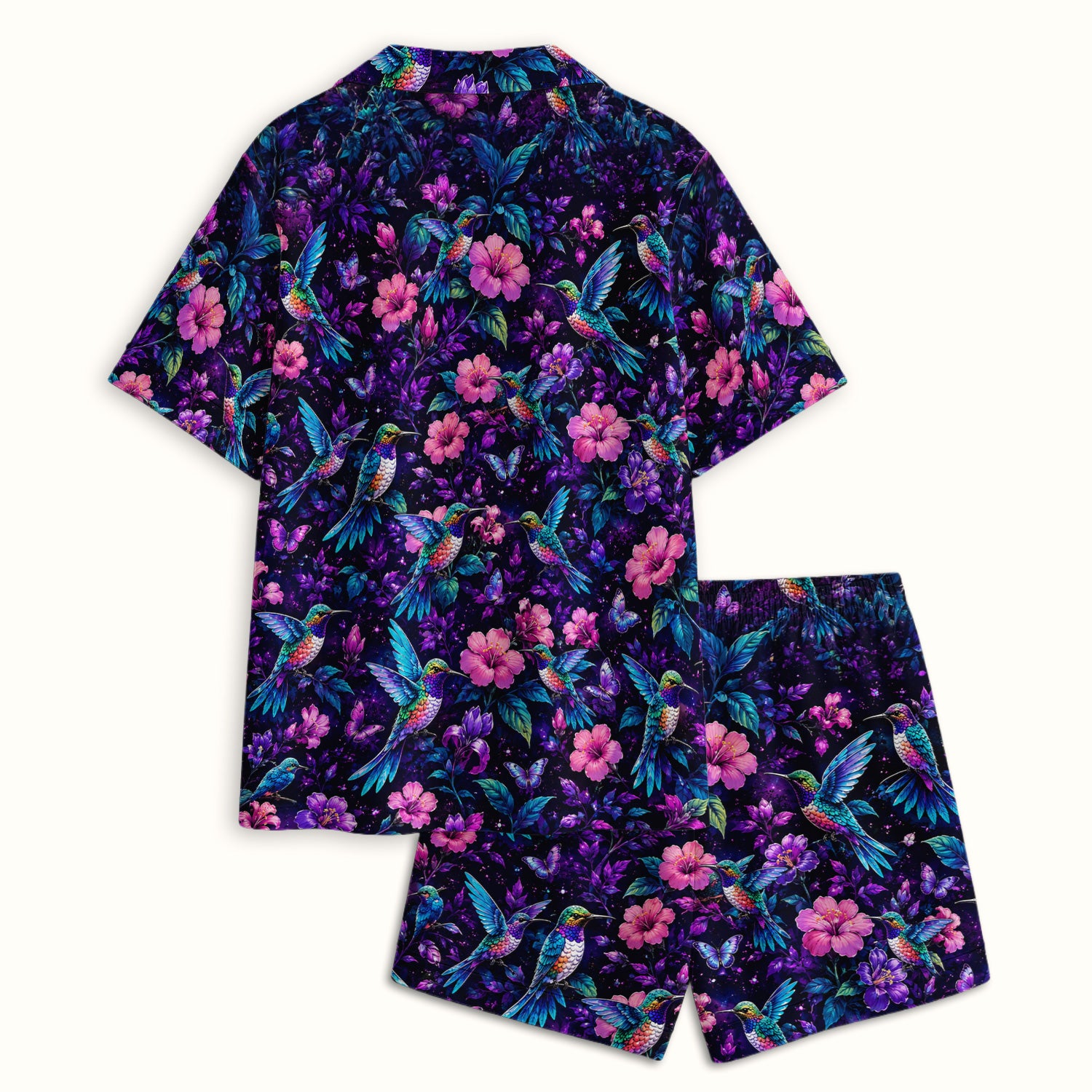Vibrant Hummingbird Hibiscus Blossom Pattern Pajama Set, Soft Breathable Fabric Comfortable Sleepwear