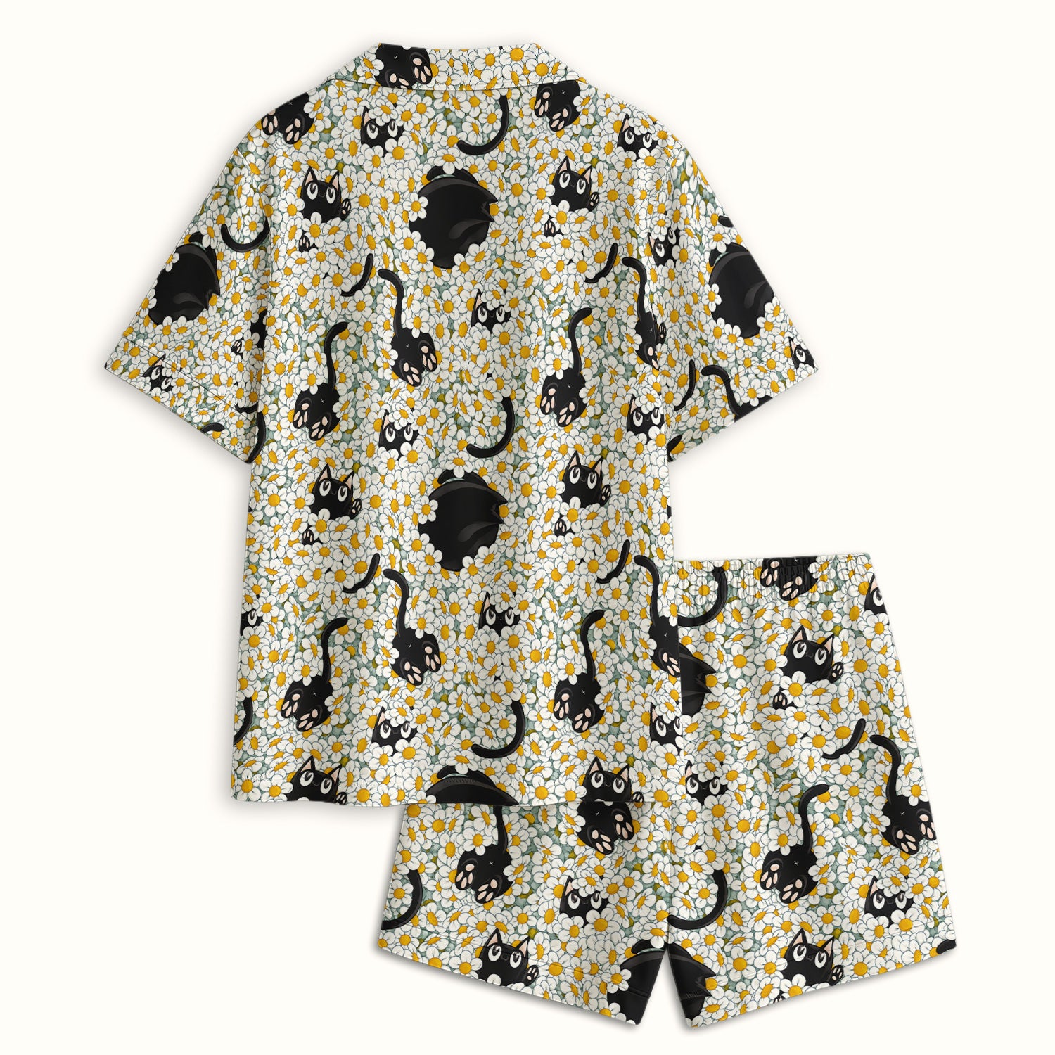 Daisy Black Cat Nurse Pattern Pajama Set, Soft Breathable Fabric Comfortable Sleepwear