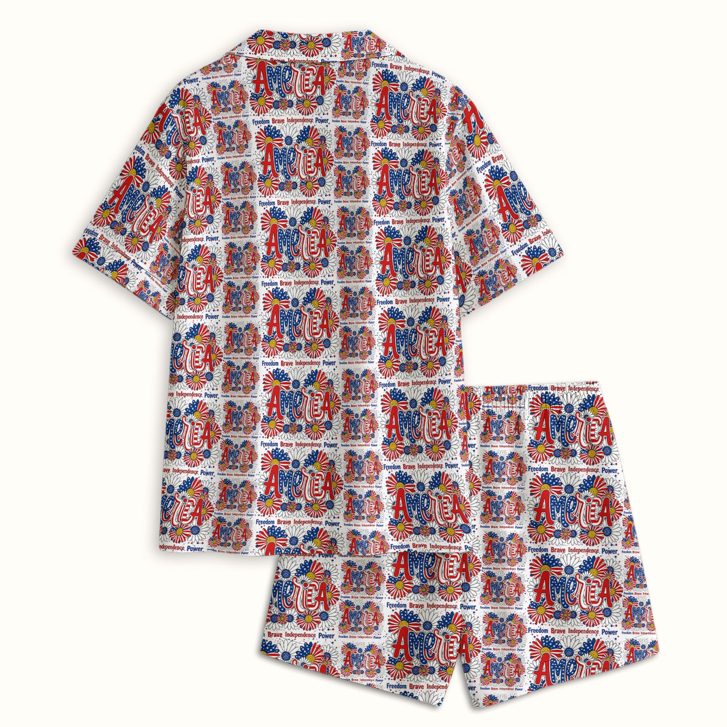 Patriotic America Floral Fireworks Pattern Pajama Set, Soft Breathable Fabric Comfortable Sleepwear