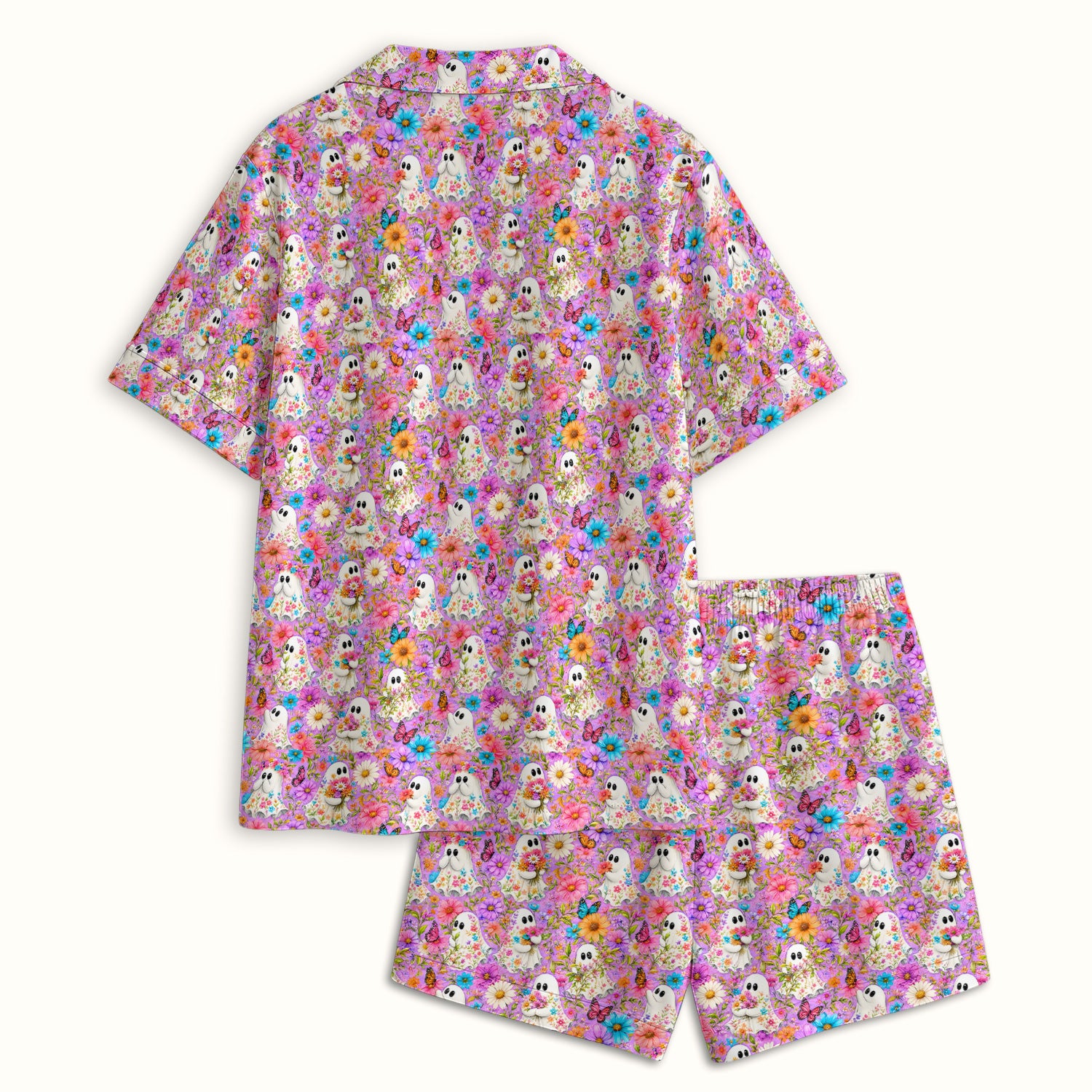 Cute Halloween Floral Ghosts And Butterflies Pajama Set, Soft Breathable Fabric Comfortable Sleepwear