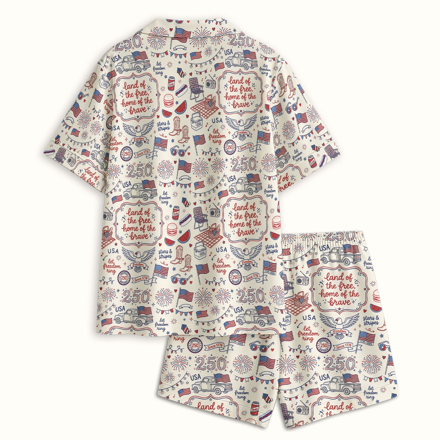 Vintage USA Freedom Print Pajama Set, Soft Breathable Fabric Comfortable Sleepwear