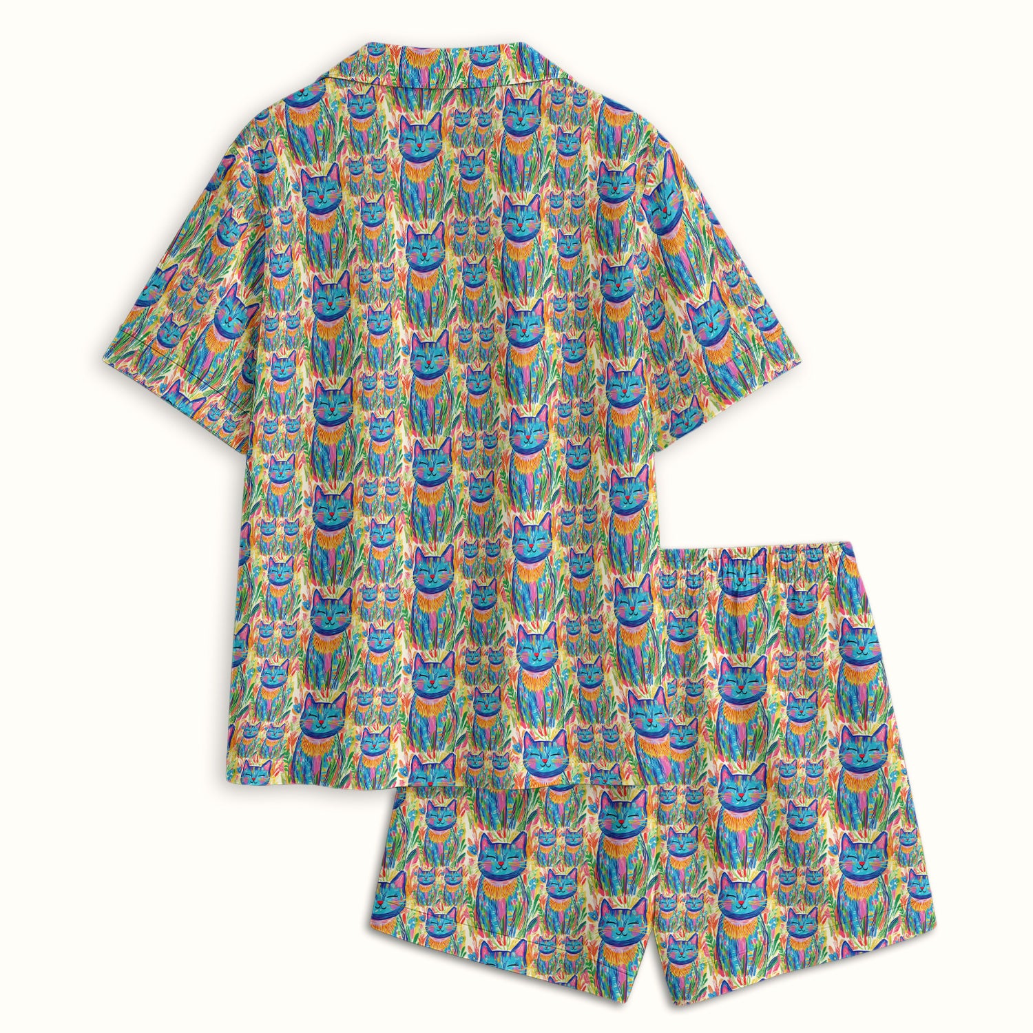 Colorful Rainbow Cat With Floral Brushstroke Pajama Set, Soft Breathable Fabric Comfortable Sleepwear