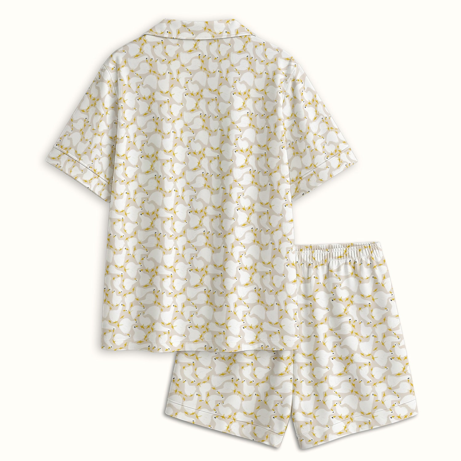 Cute White Goose Yellow Star Pattern Pajama Set, Soft Breathable Fabric Comfortable Sleepwear