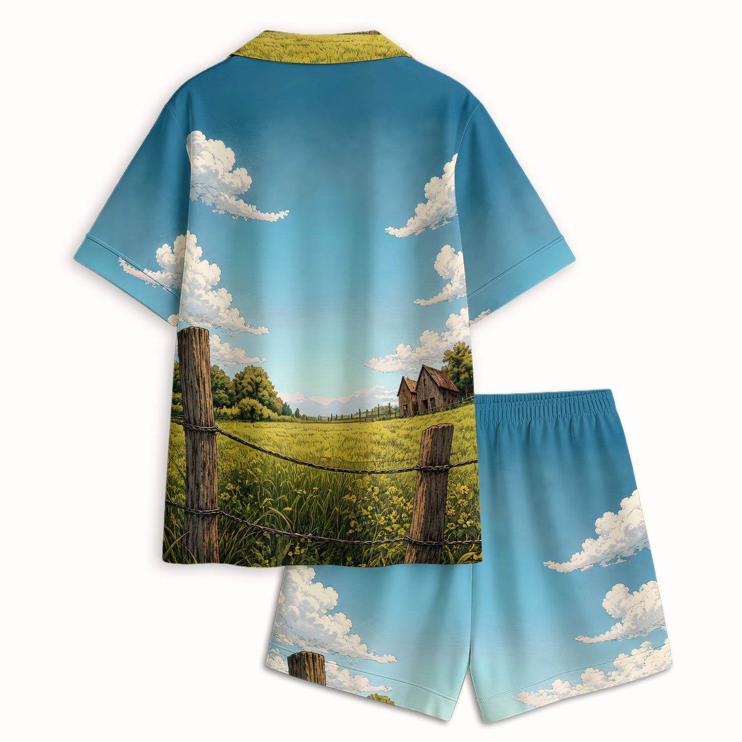 Curious Highland Cow Farm Scene Pajama Set, Soft Breathable Fabric Comfortable Sleepwear
