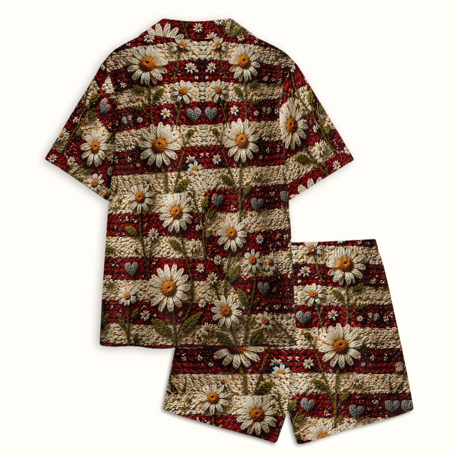 American Flag Daisy Floral Knit Texture Pattern Pajama Set, Breathable Fabrics Uniform