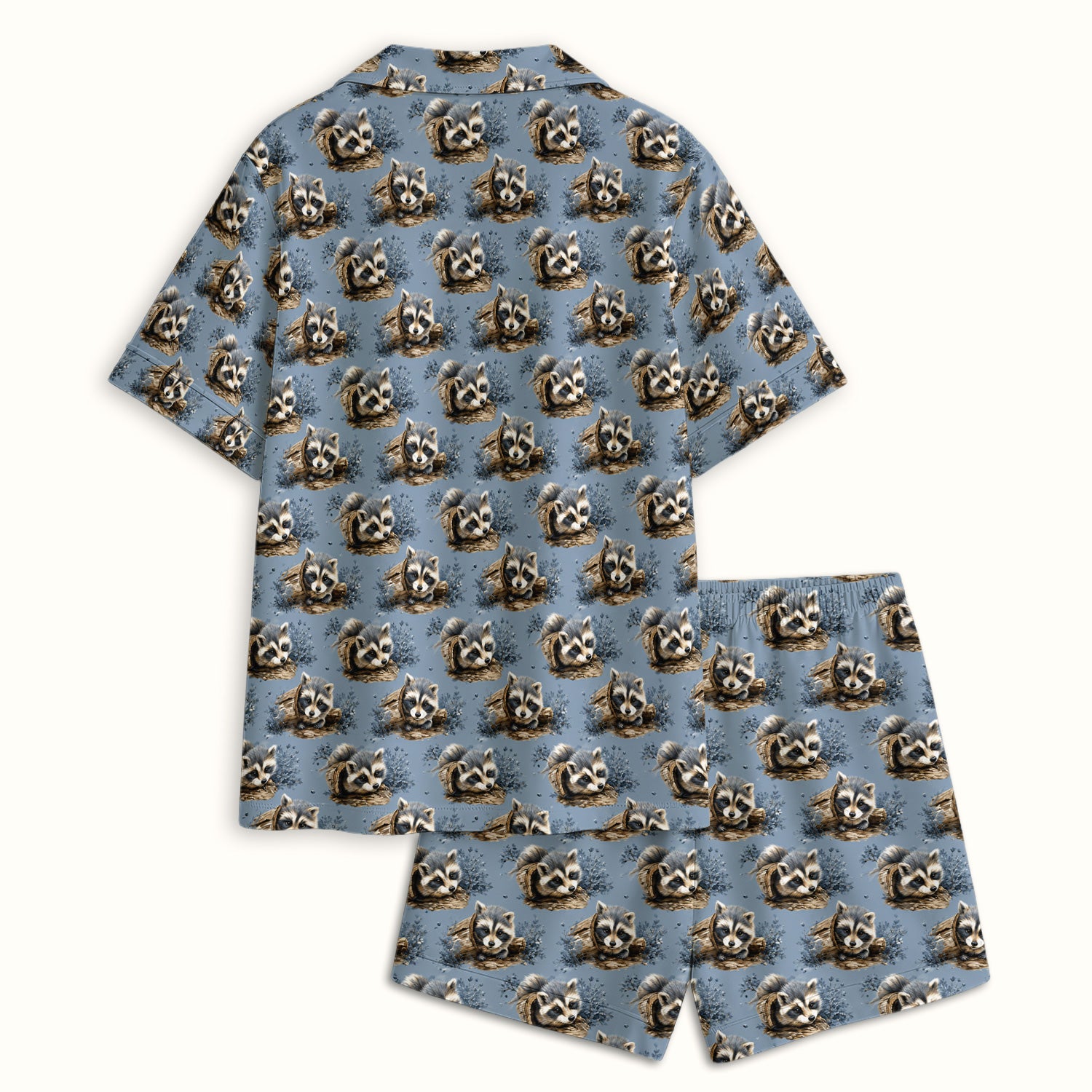 Cute Raccoon In Log Pattern Pajama Set, Soft Breathable Fabric Comfortable Sleepwear