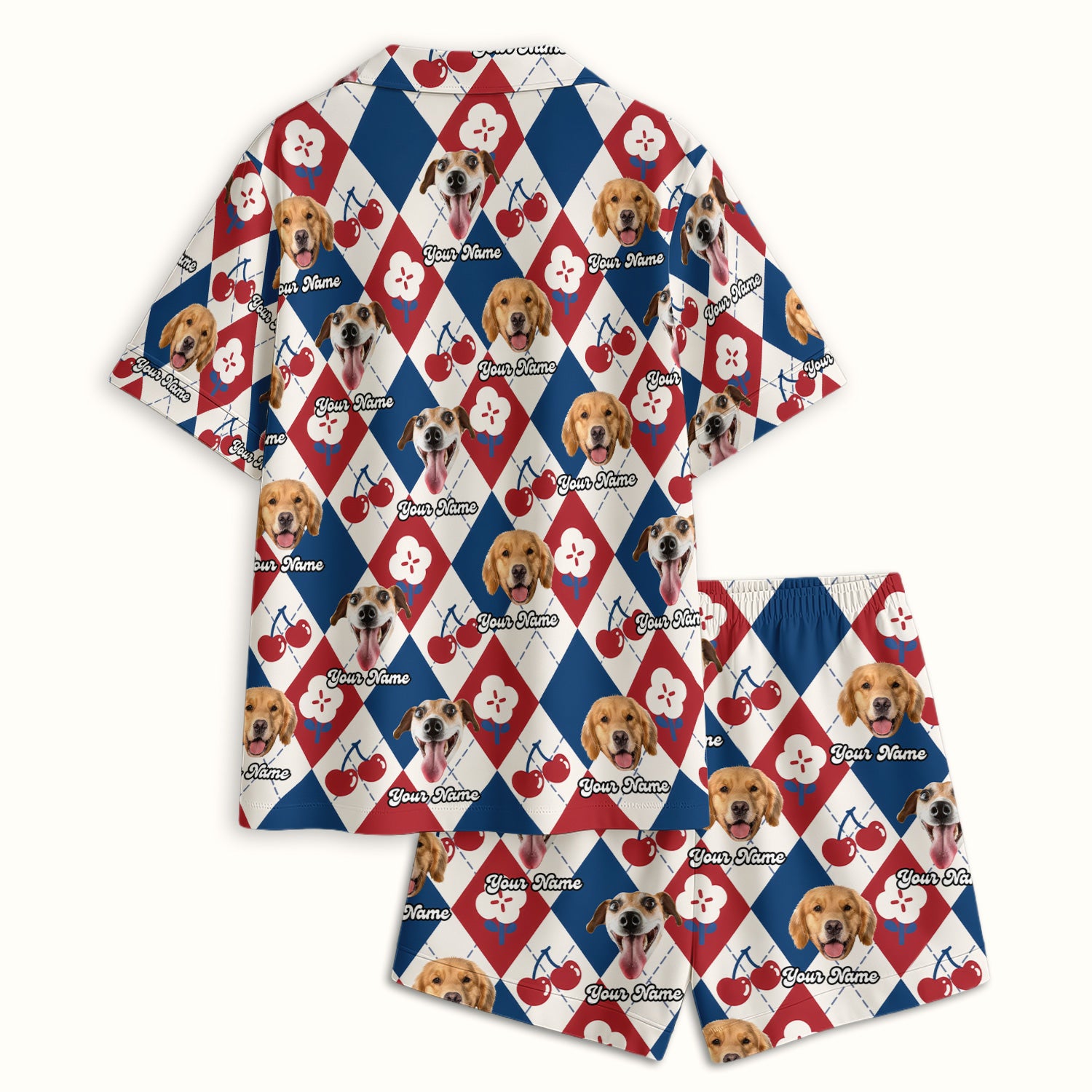 Custom Dog Face Pajama Set, Playful Dog Cherry Argyle Pattern, Soft Breathable Fabric Comfortable Sleepwear
