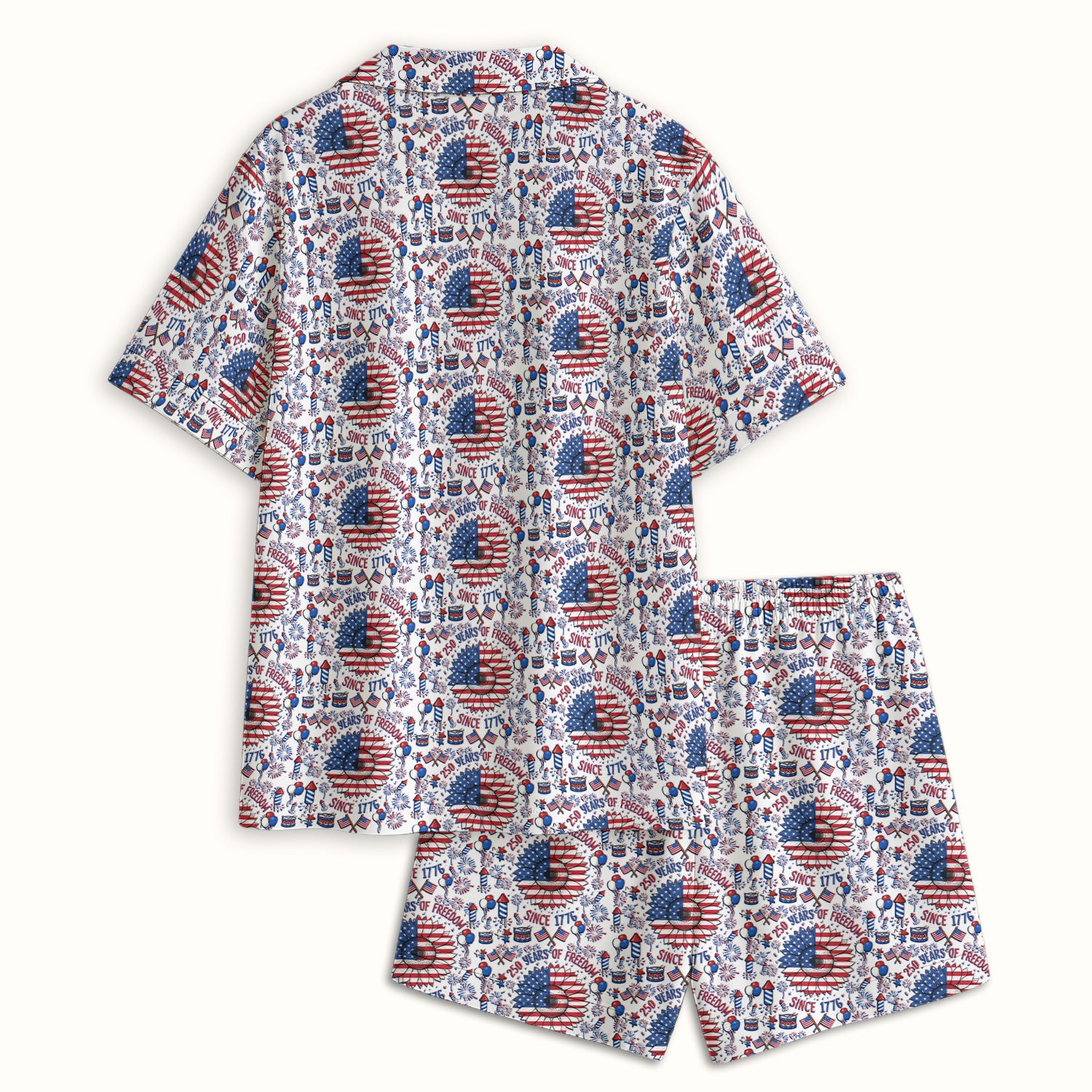 Festive Patriotic Sunflower American Flag Fireworks Pattern Pajama Set, Breathable Fabrics Uniform