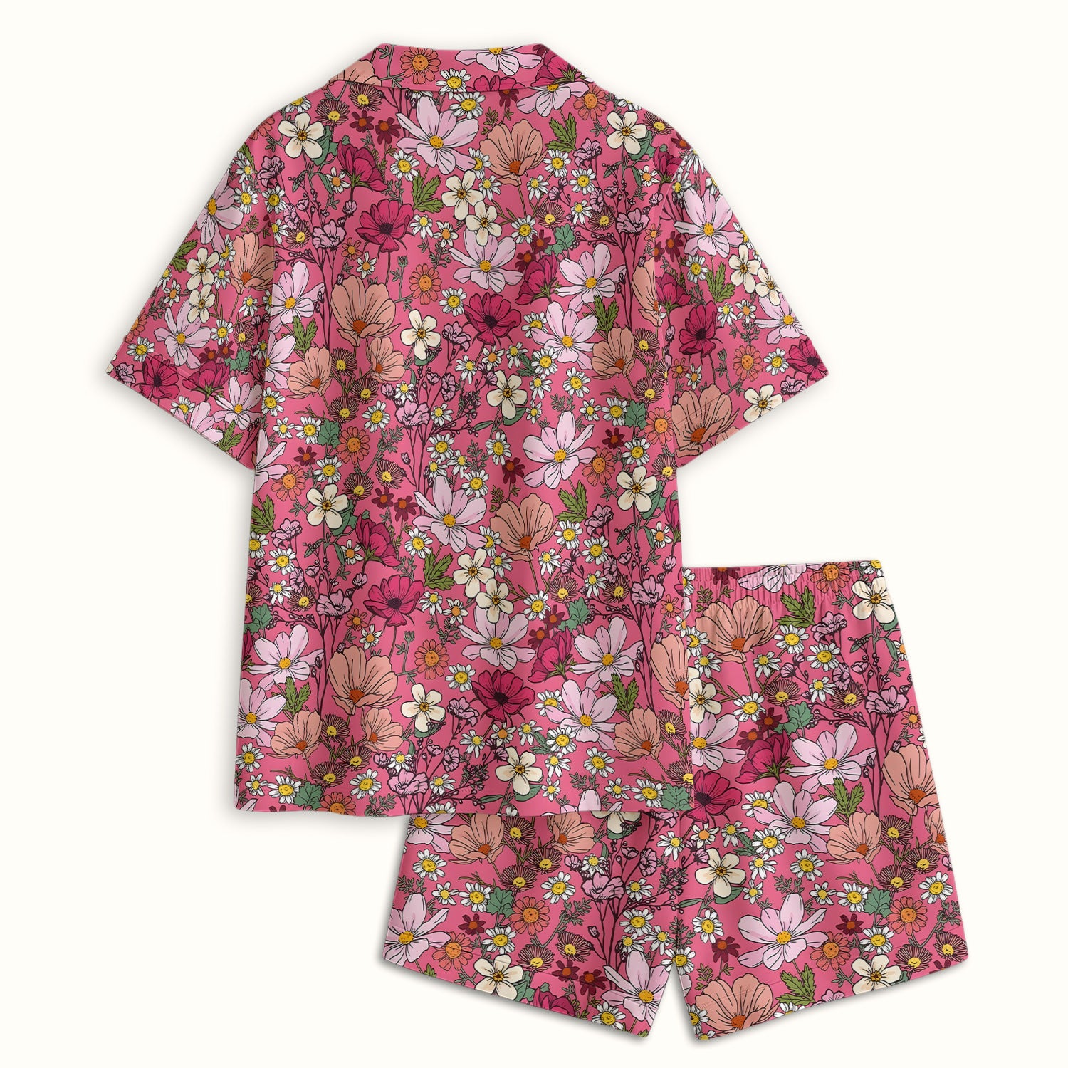 Pink Daisy Wildflower Nurse Pattern Pajama Set, Soft Breathable Fabric Comfortable Sleepwear