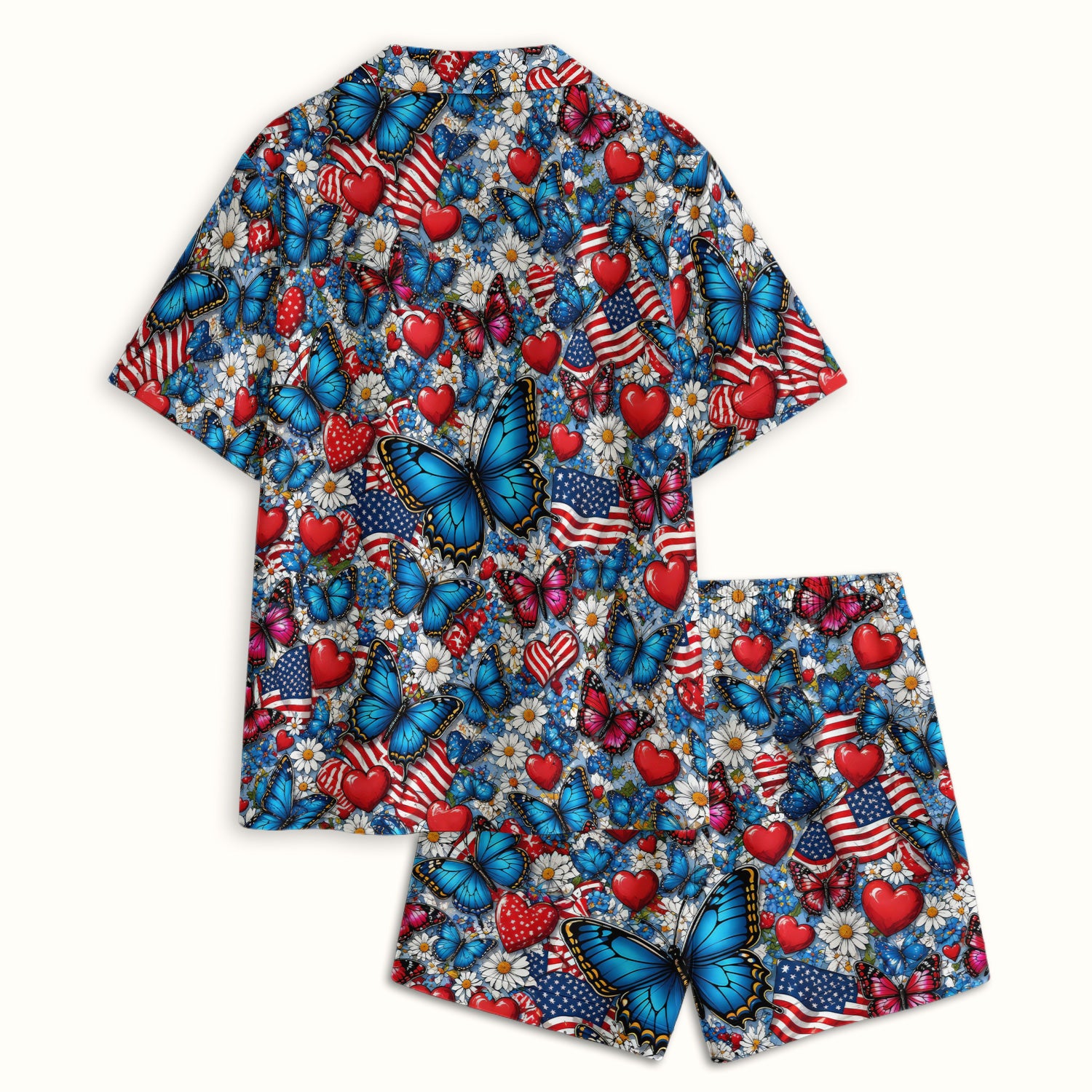 Festive Patriotic Butterfly Heart Floral Pattern Pajama Set, Soft Breathable Fabric Comfortable Sleepwear