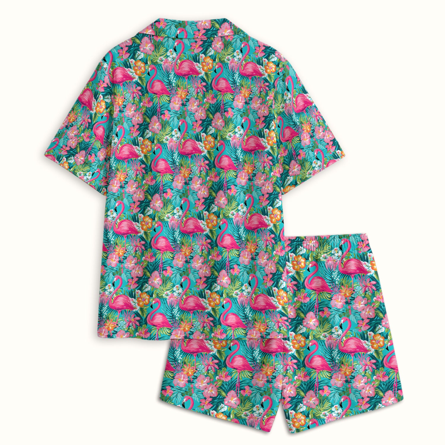 Tropical Flamingo Floral Pattern Pajama Set, Soft Breathable Fabric Comfortable Sleepwear