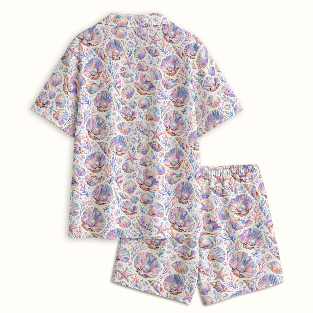 Pastel Seashell And Pearl Pattern Pajama Set, Soft Breathable Fabric Comfortable Sleepwear