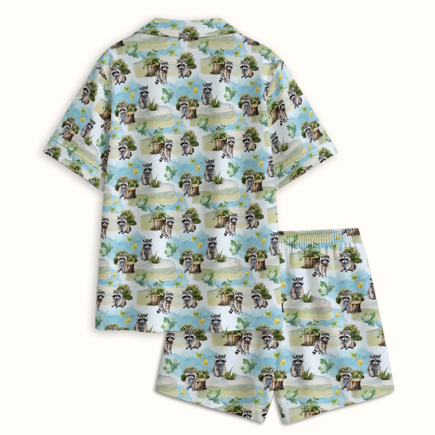 Cute Raccoon Woodland Print Pajama Set, Soft Breathable Fabric Comfortable Sleepwear