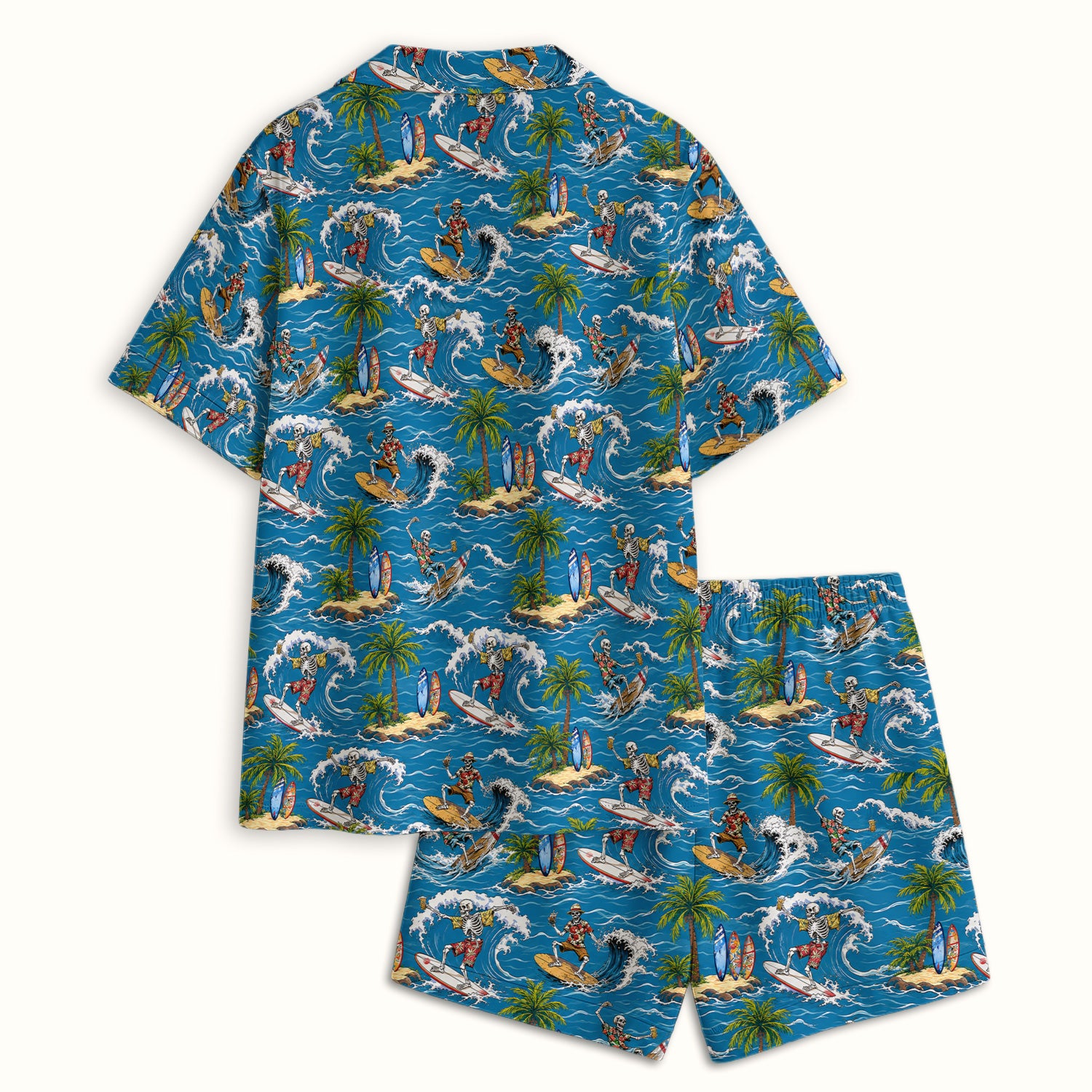 Spooky Tropical Skeleton Surfer Pattern Pajama Set, Soft Breathable Fabric Comfortable Sleepwear