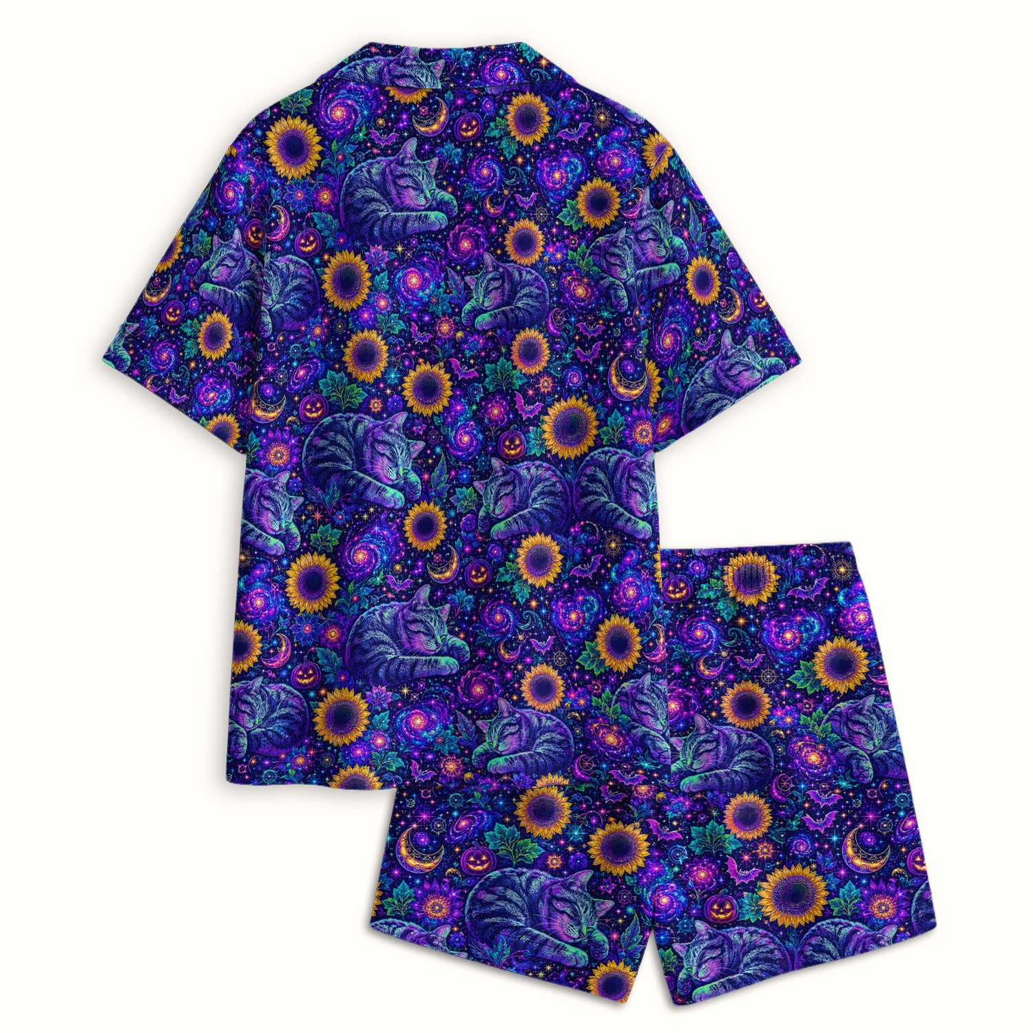 Spooky Galaxy Cat And Sunflowers Pajama Set, Soft Breathable Fabric Comfortable Sleepwear
