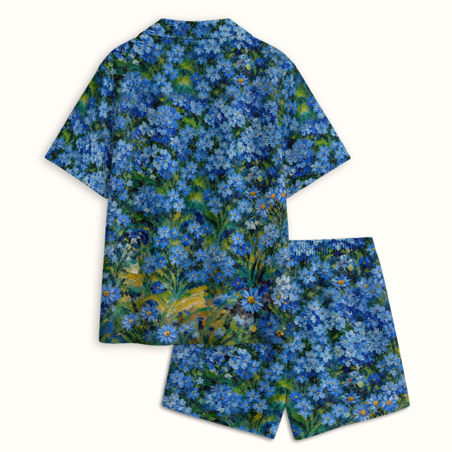 Cute Blue Floral Cat Pattern Pajama Set, Soft Breathable Fabric Comfortable Sleepwear