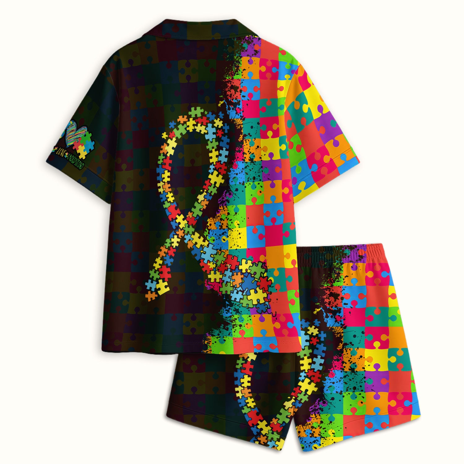 Personalized Autism Puzzle Ribbon Colorful Print Pajama Set, Breathable Fabrics Uniform