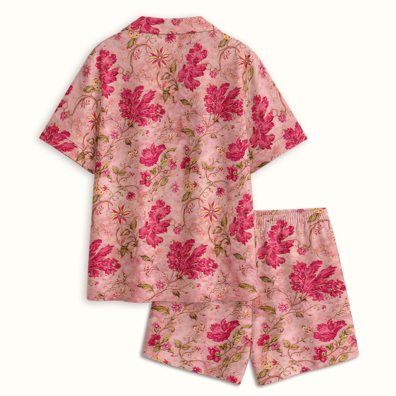 Elegant Pink Floral Vine Pajama Set, Soft Breathable Fabric Comfortable Sleepwear