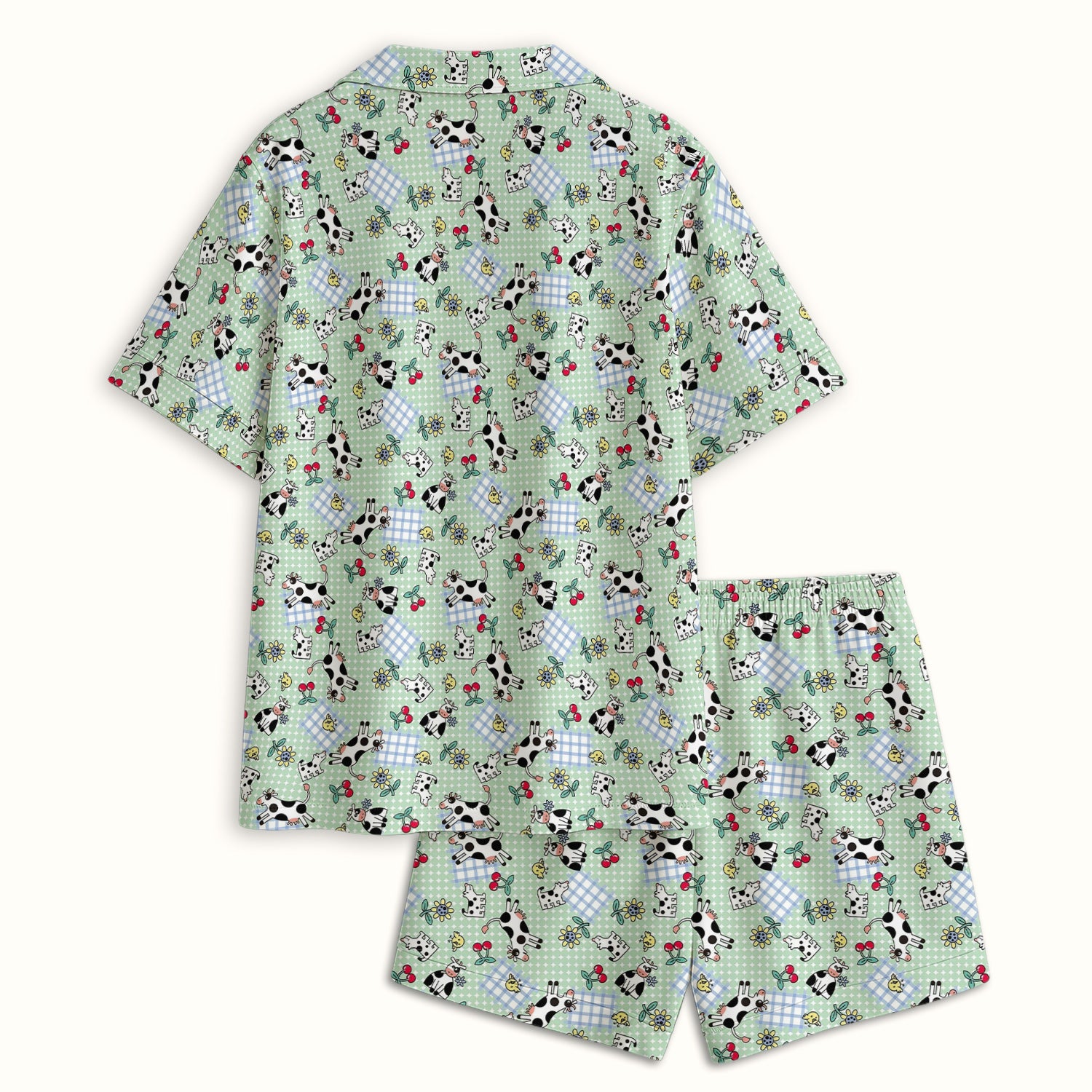 Cute Cow Cherry Farm Garden Pattern Nurse Pajama Set, Soft Breathable Fabric Comfortable Sleepwear