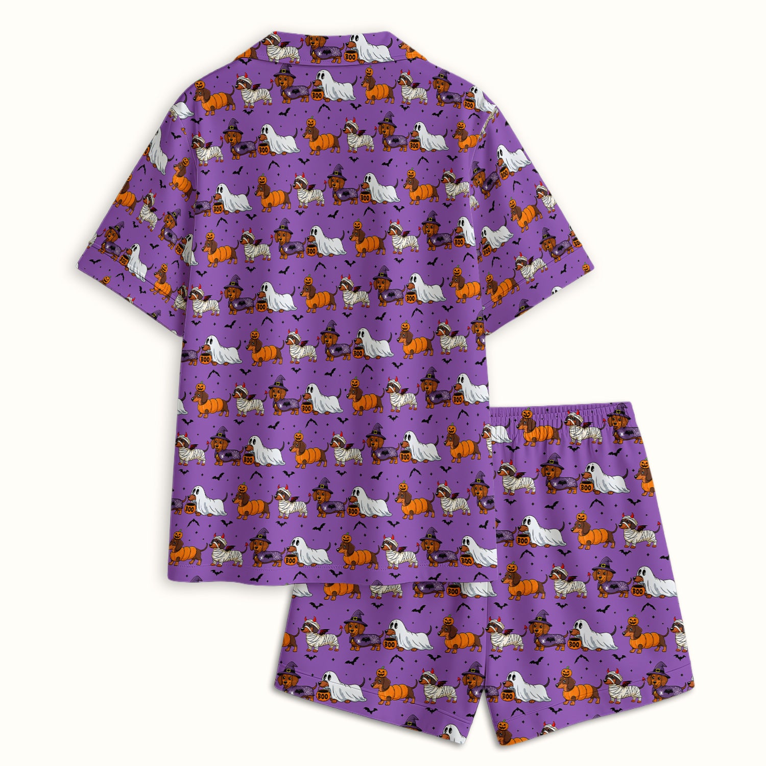Halloween Dachshund with Bat Pattern Pajama Set, Soft Breathable Fabric Comfortable Sleepwear