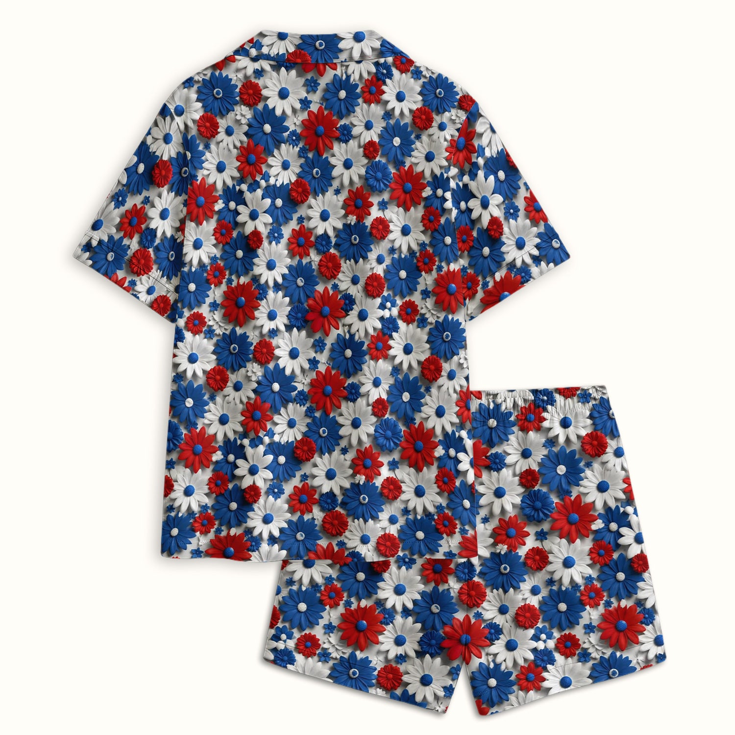 Patriotic Red Blue Daisy Floral Pattern Pajama Set, Soft Breathable Fabric Comfortable Sleepwear