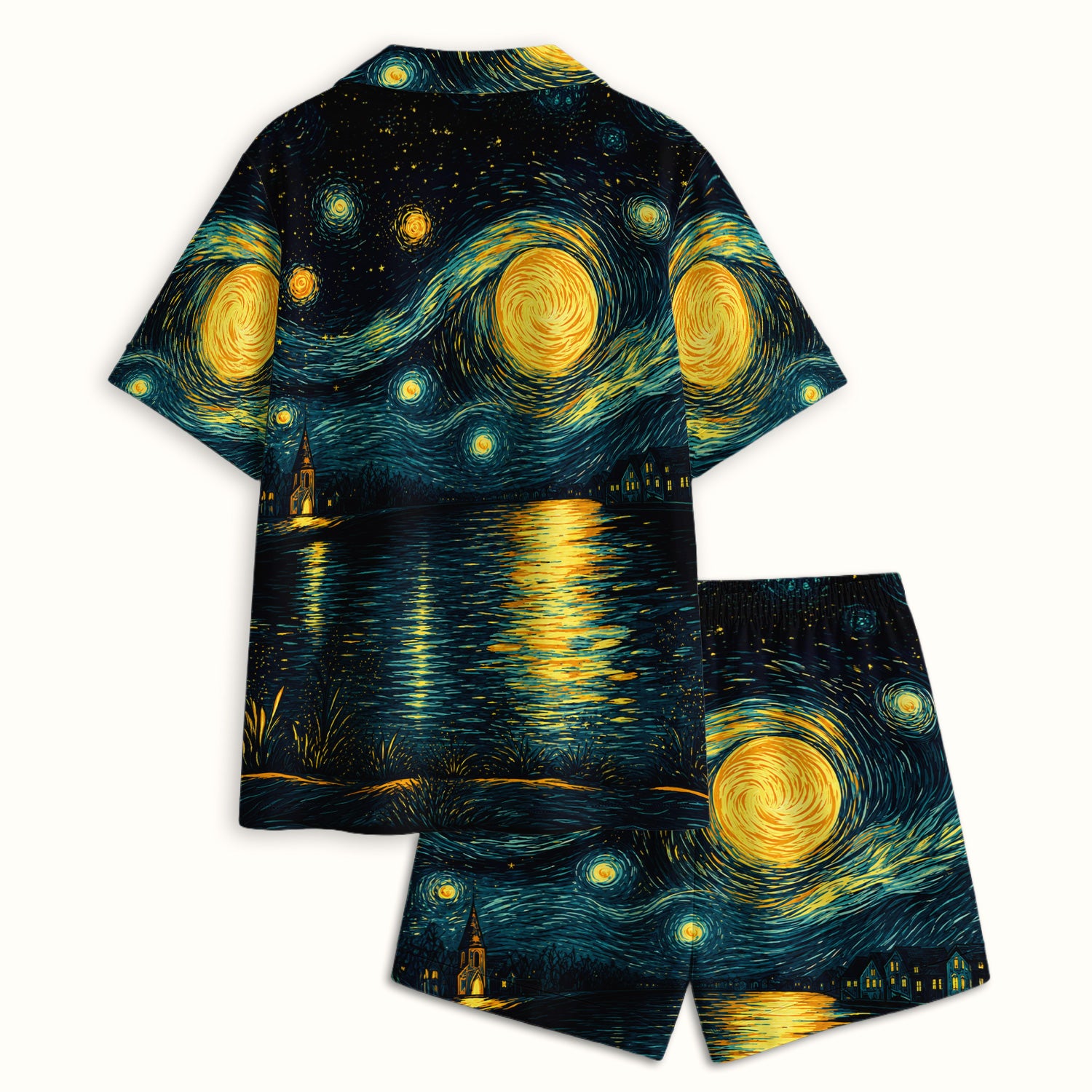 Starry Moonlit Black Cat Pajama Set, Soft Breathable Fabric Comfortable Sleepwear