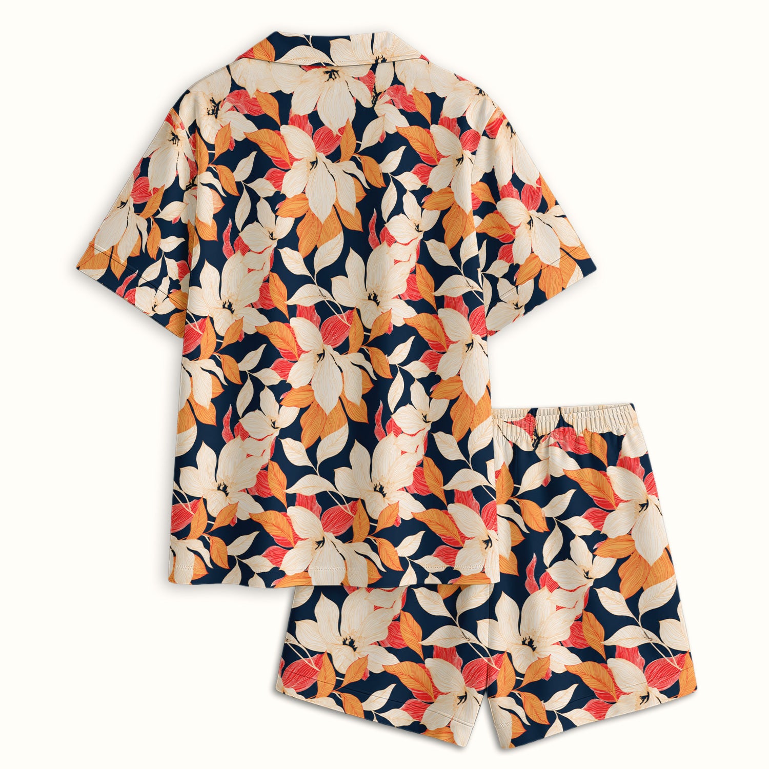 Elegant Ivory Lily Leaves Pattern Pajama Set, Soft Breathable Fabric Comfortable Sleepwear