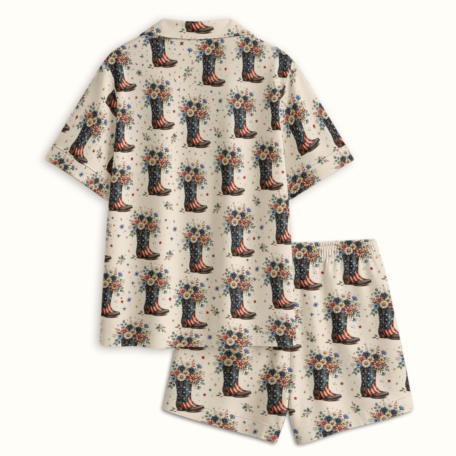 Festive Patriotic Cowboy Boots Flower Pattern Pajama Set, Soft Breathable Fabric Comfortable Sleepwear