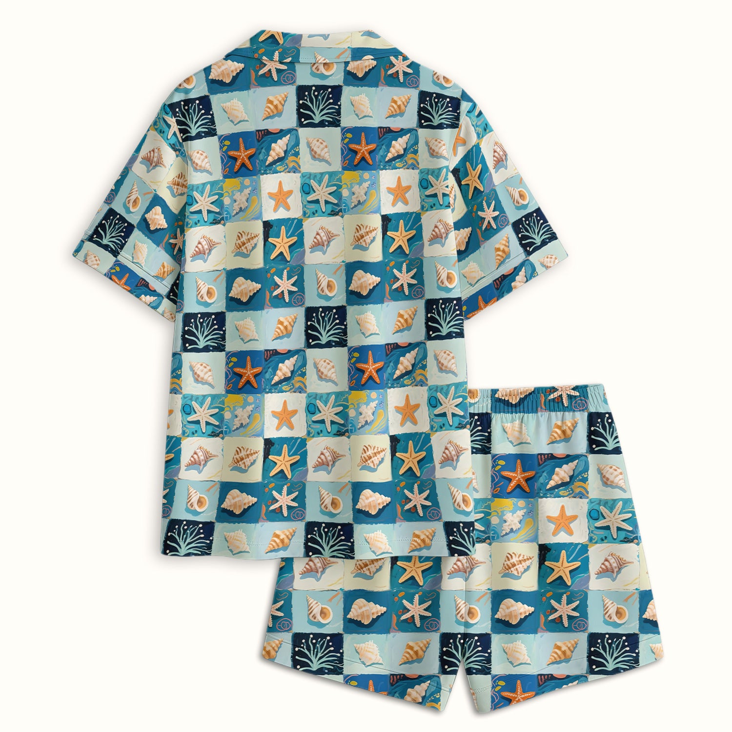 Cute Seashell Starfish Ocean Tile Pattern Pajama Set, Soft Breathable Fabric Comfortable Sleepwear