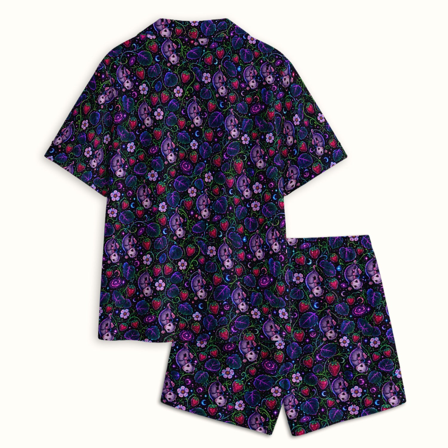 Galaxy Strawberry Opossum Pattern Pajama Set, Soft Breathable Fabric Comfortable Sleepwear