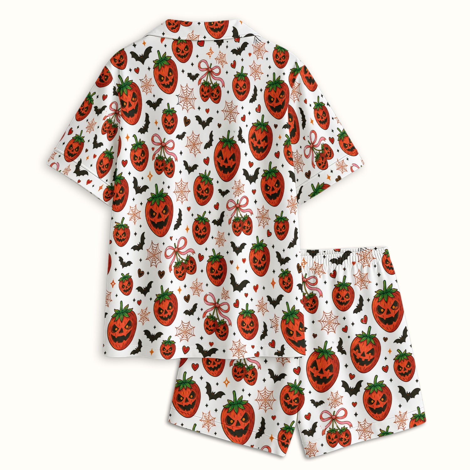Sweet Halloween Strawberry Jack O Lanterns Pajama Set, Soft Breathable Fabric Comfortable Sleepwear