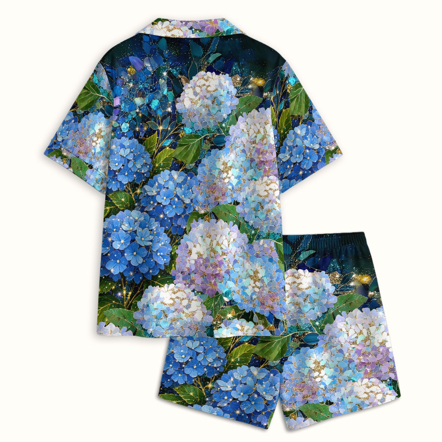 Blue Hydrangea Floral Pattern Pajama Set, Breathable Fabrics Uniform