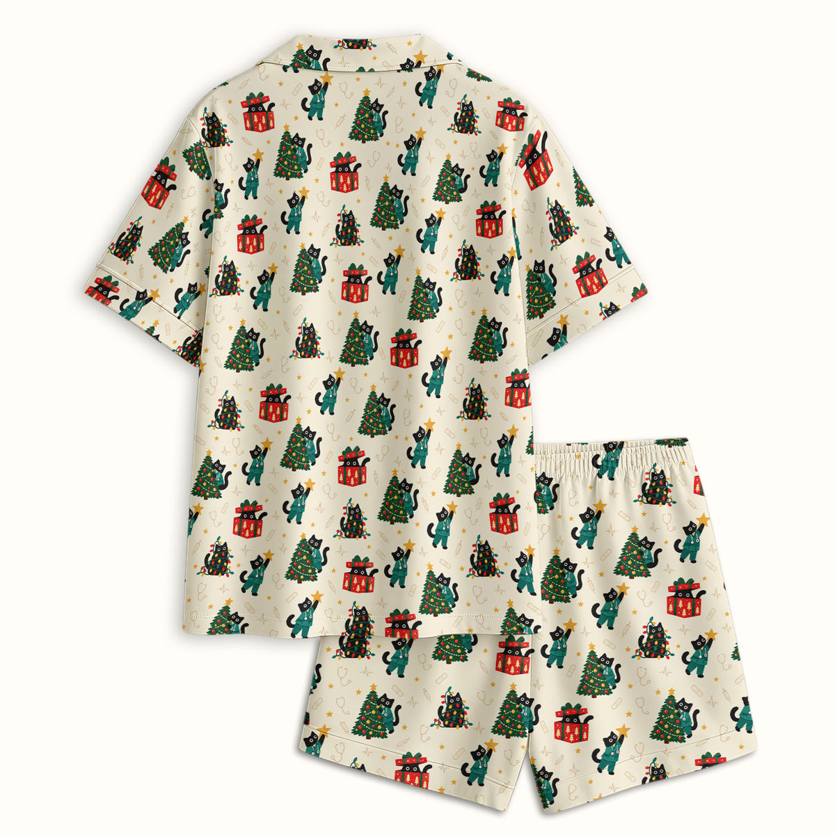 Christmas Black Nurse Cats And Trees Pajama Set, Soft Breathable Fabric Comfortable Sleepwear