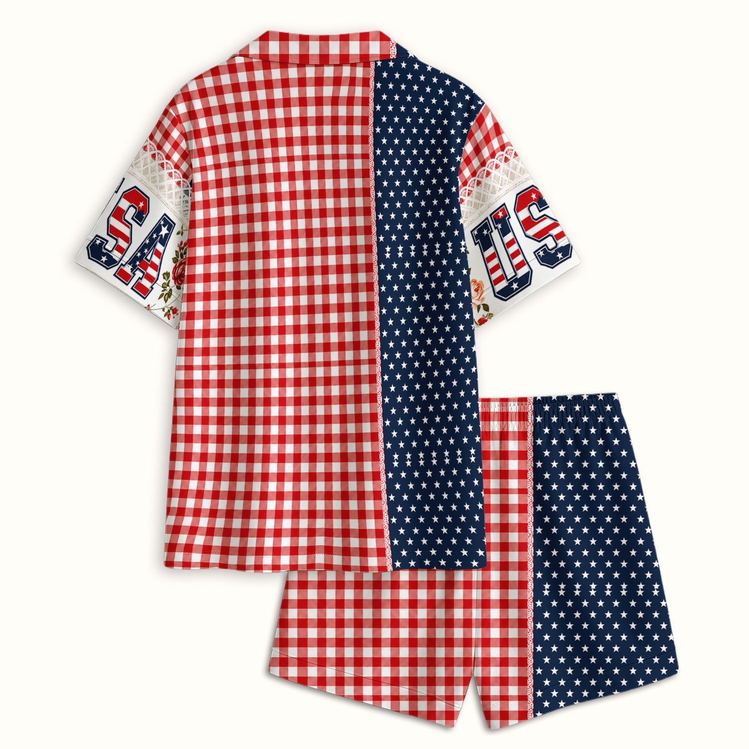 Patriotic Patchwork with USA Flag Pattern Pajama Set, Soft Breathable Fabric Comfortable Sleepwear