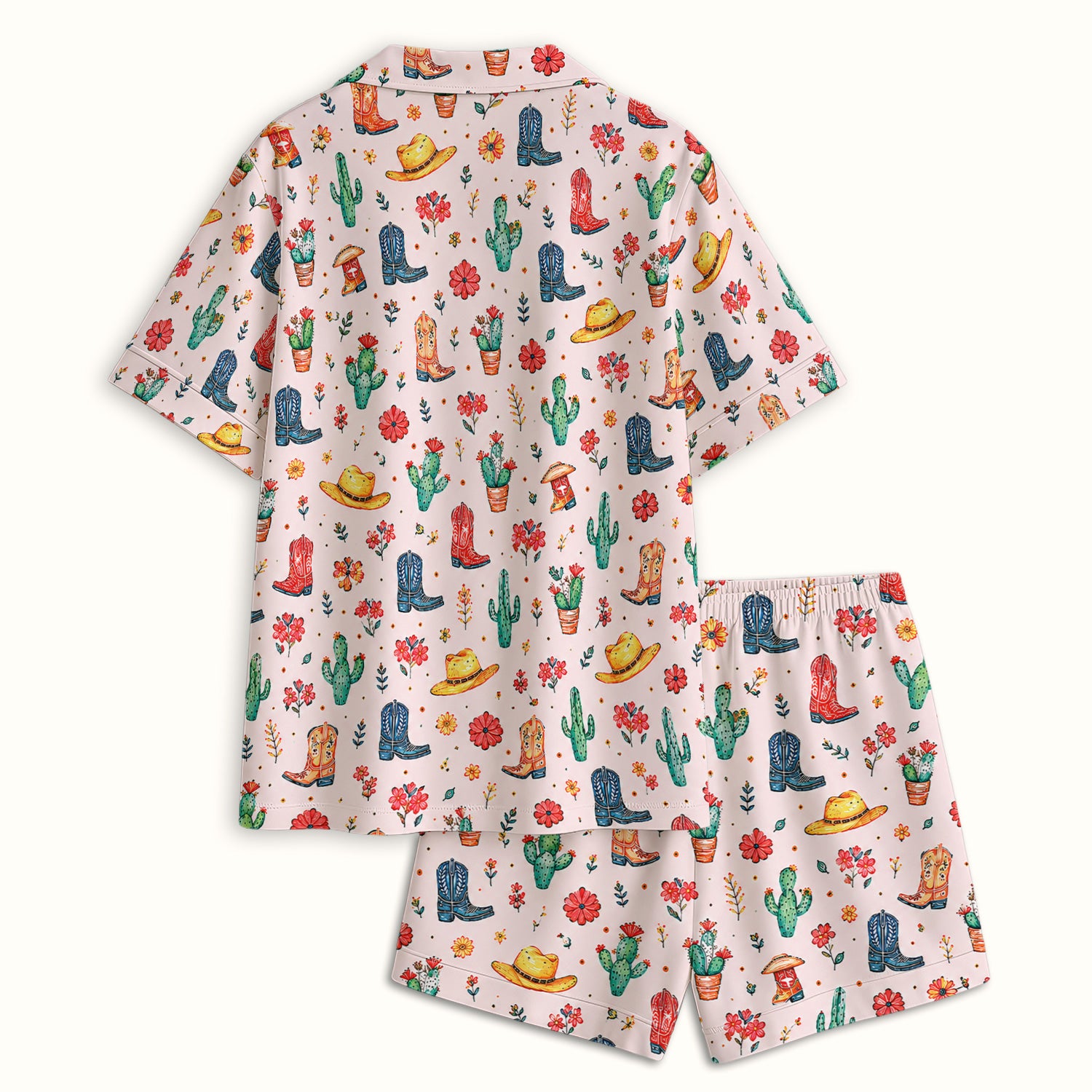 Whimsical Western Cactus Boots Pattern Pajama Set, Soft Breathable Fabric Comfortable Sleepwear