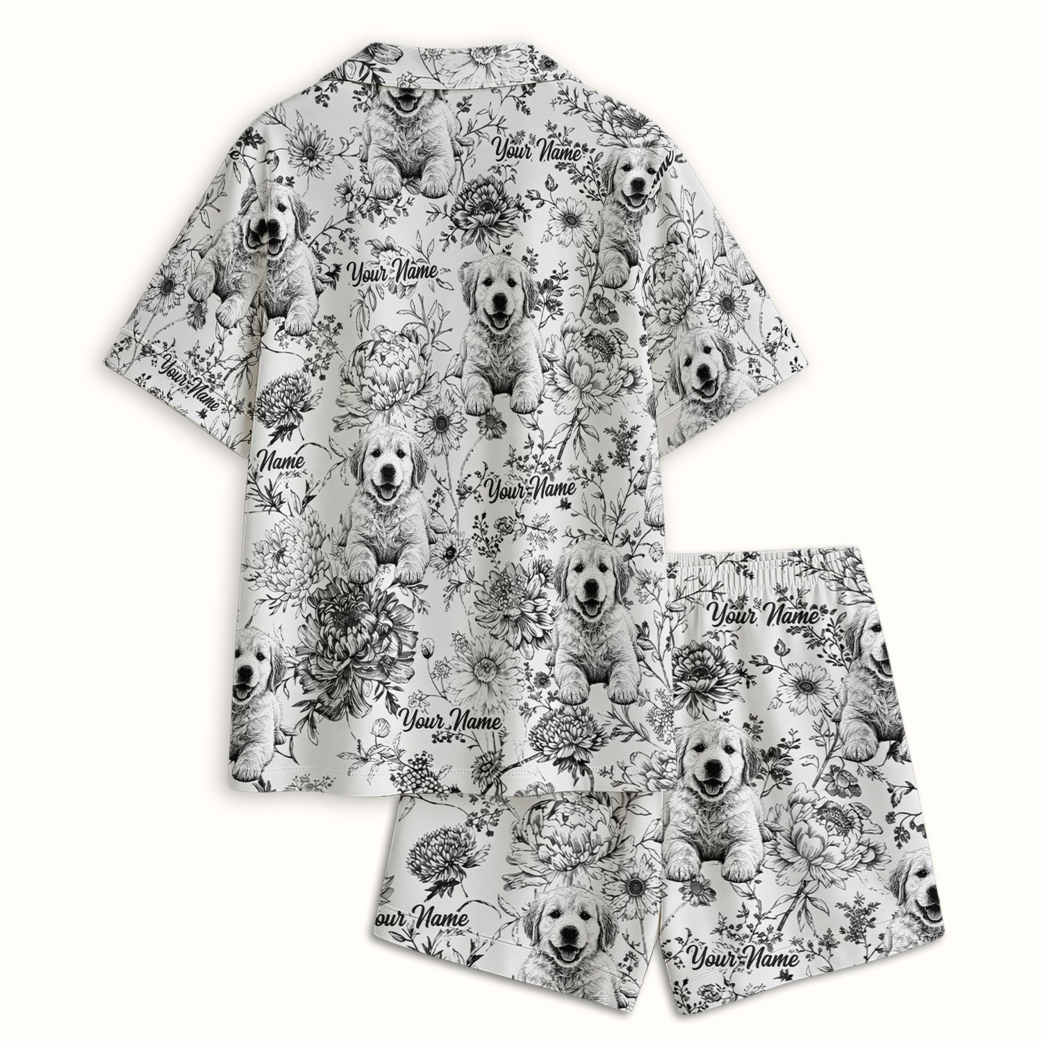 Personalized Custom Pet Photo Name Floral Pattern Pajama Set, Soft Breathable Fabric Comfortable Sleepwear