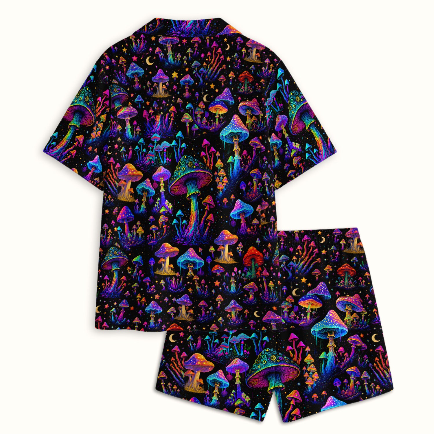 Neon Fantasy Mushroom Print Pajama Set, Soft Breathable Fabric Comfortable Sleepwear