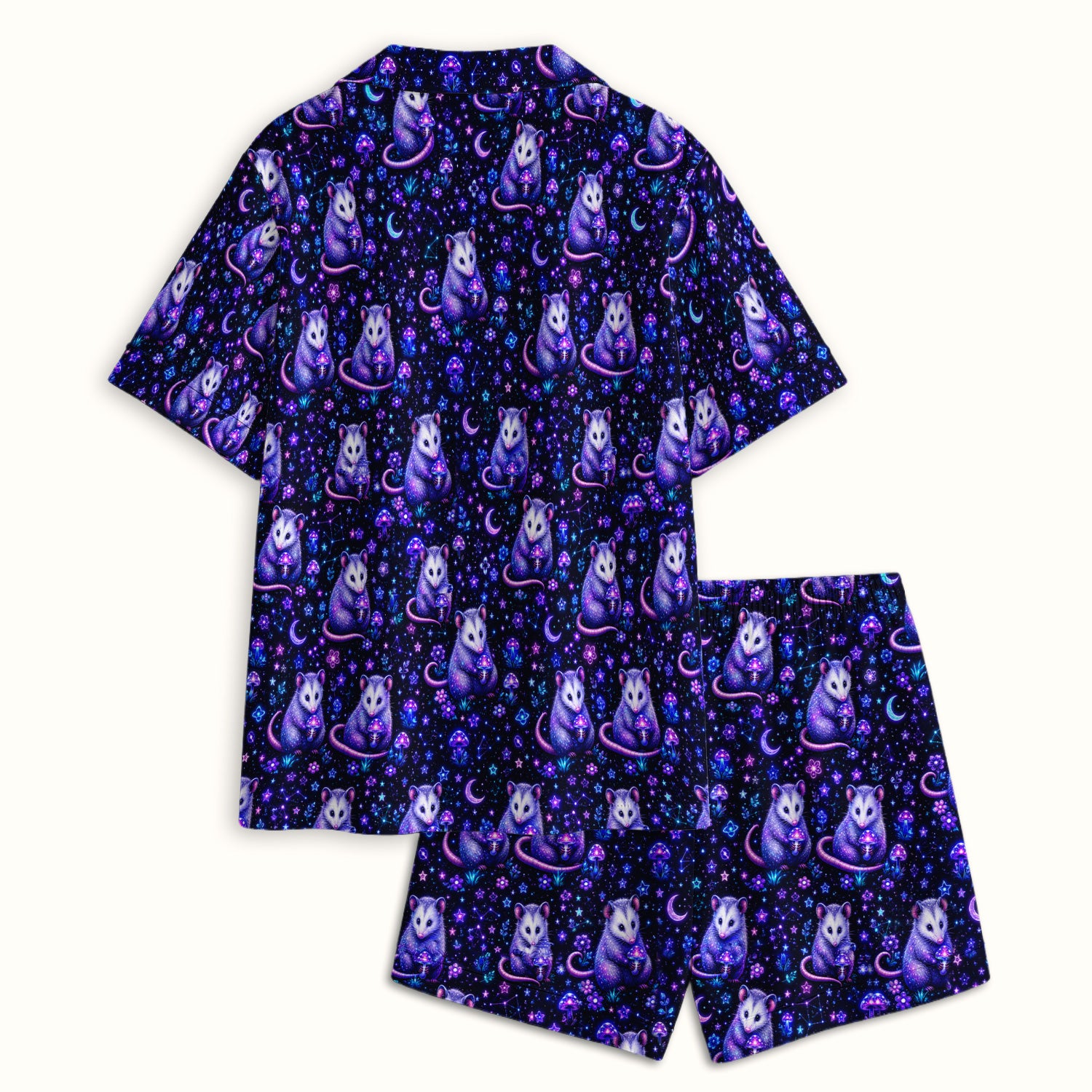 Neon Opossum Mushroom Galaxy Pattern Pajama Set, Soft Breathable Fabric Comfortable Sleepwear
