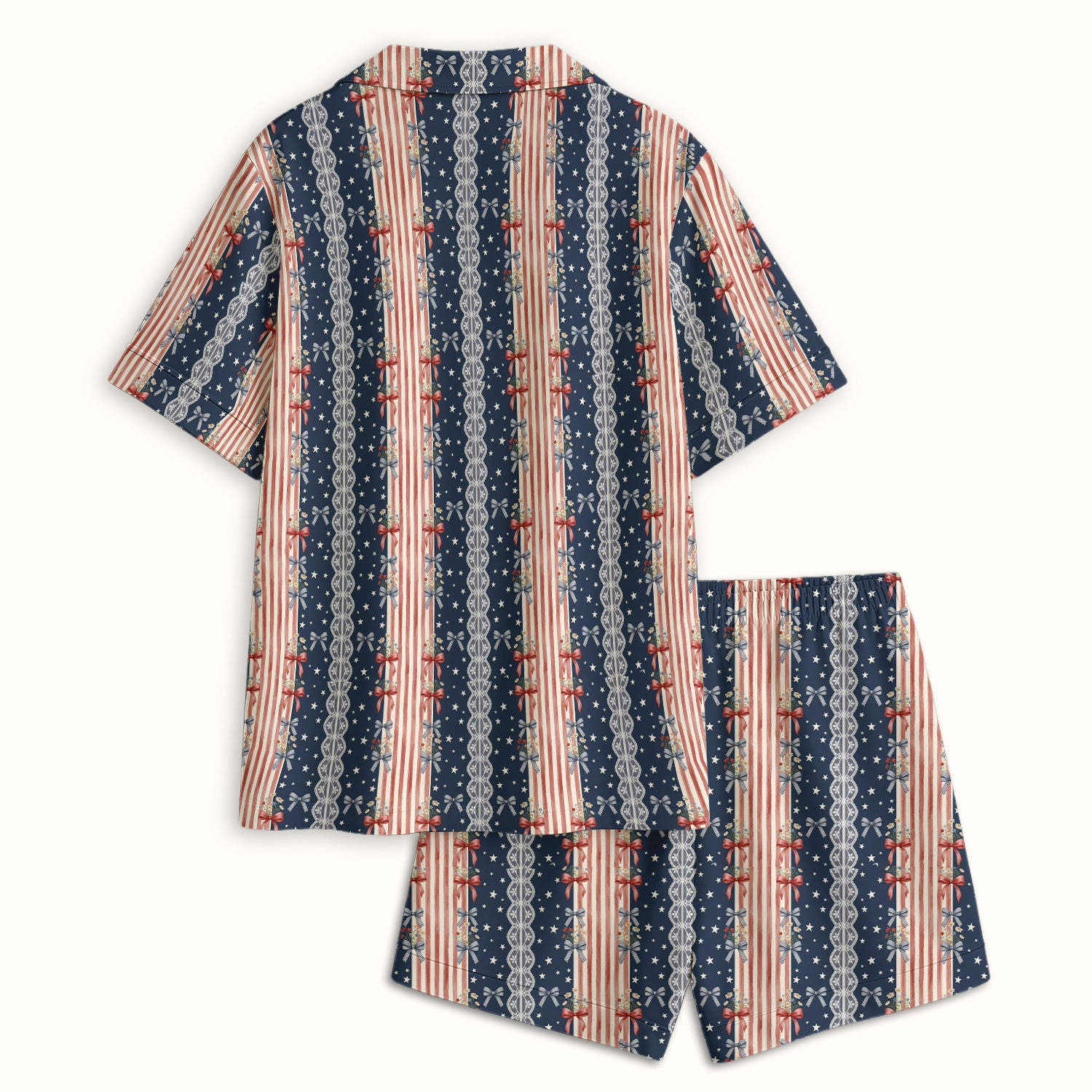 Patriotic Bow Lace Stripe Pattern Pajama Set, Soft Breathable Fabric Comfortable Sleepwear