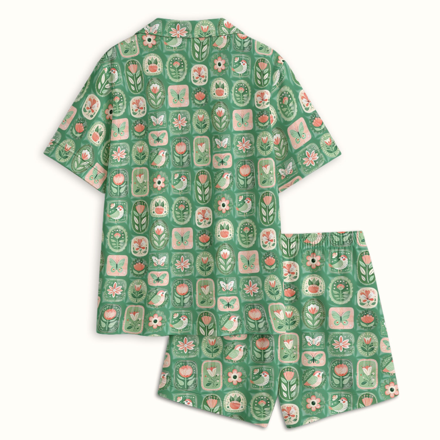 Folk Art Floral Bird Butterfly Garden Pattern Pajama Set, Soft Breathable Sleepwear