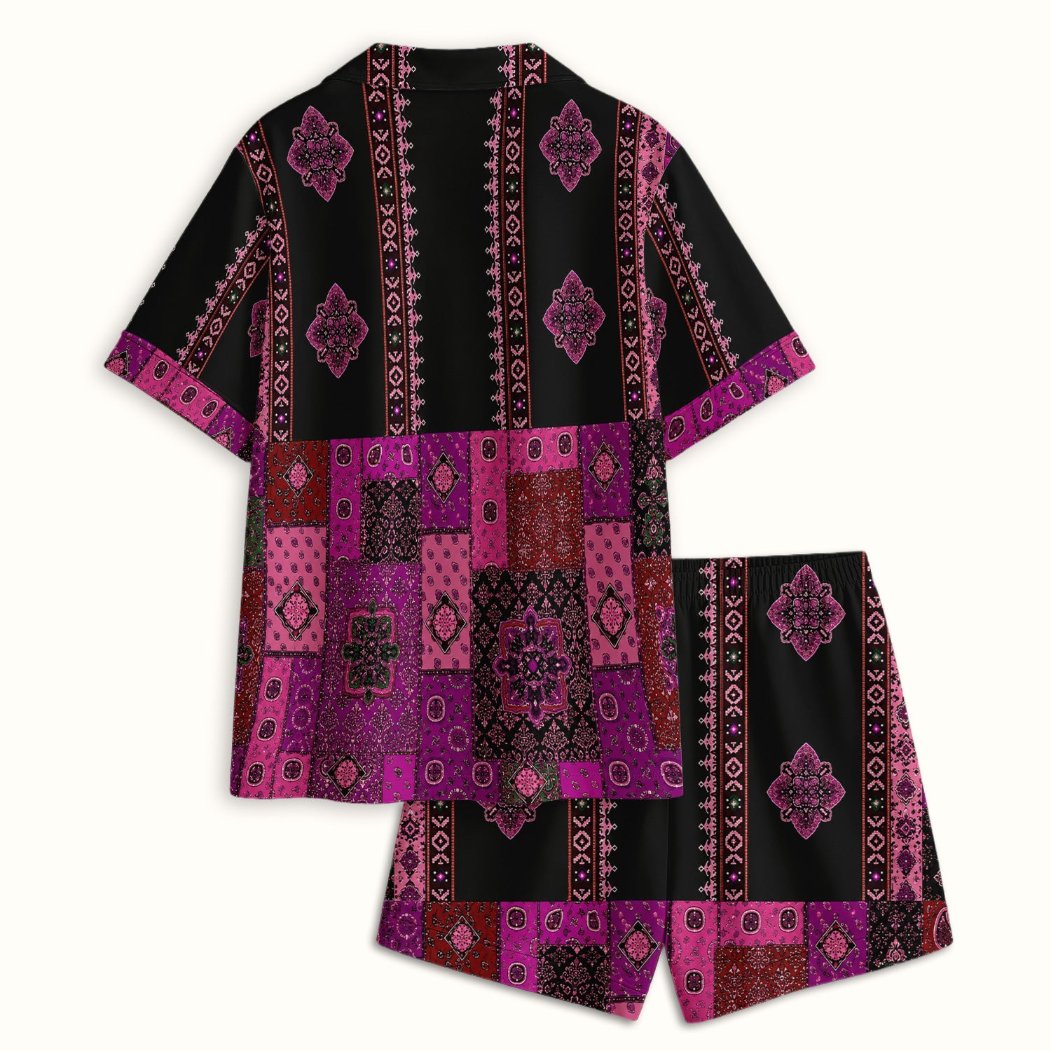 Boho Pink Bandana Patchwork Pattern Pajama Set, Soft Breathable Fabric Comfortable Sleepwear