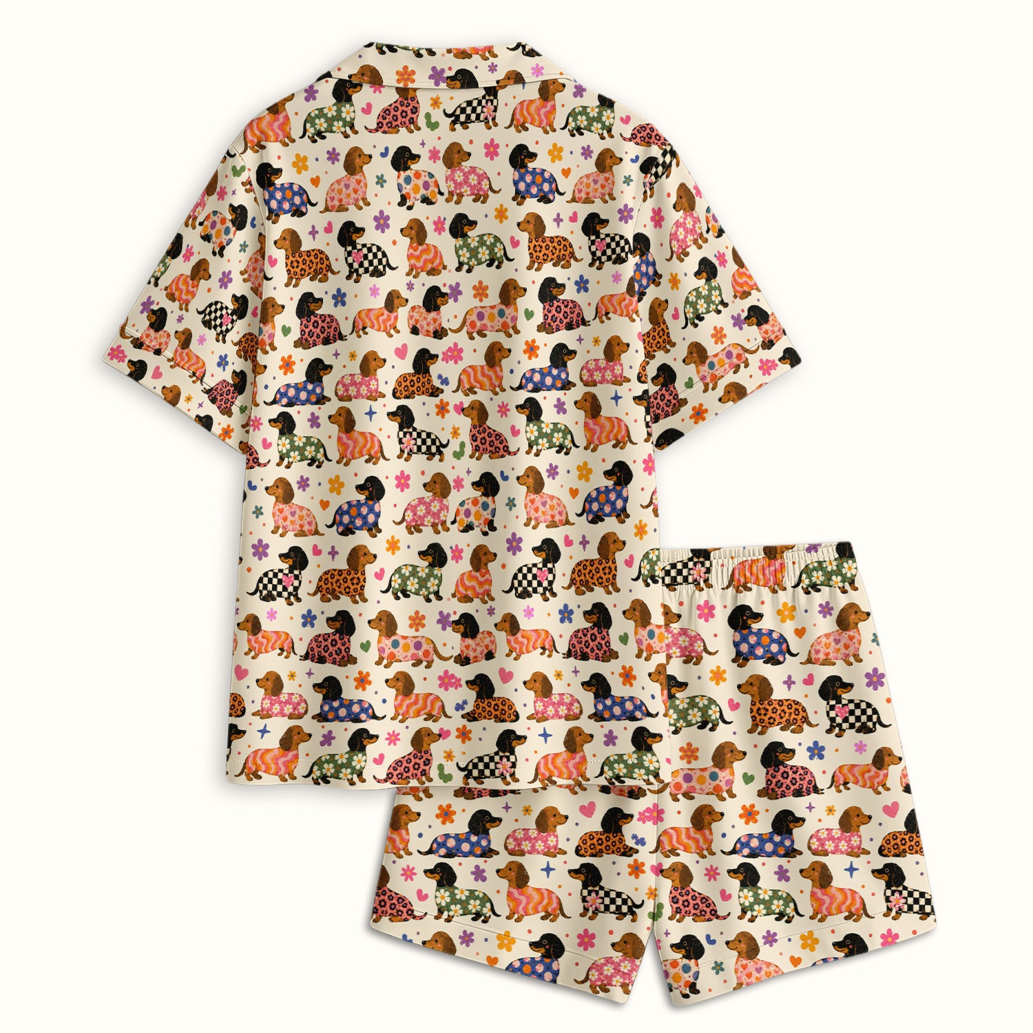 Floral Dachshund Print Pajama Set, Soft Breathable Fabric Comfortable Sleepwear