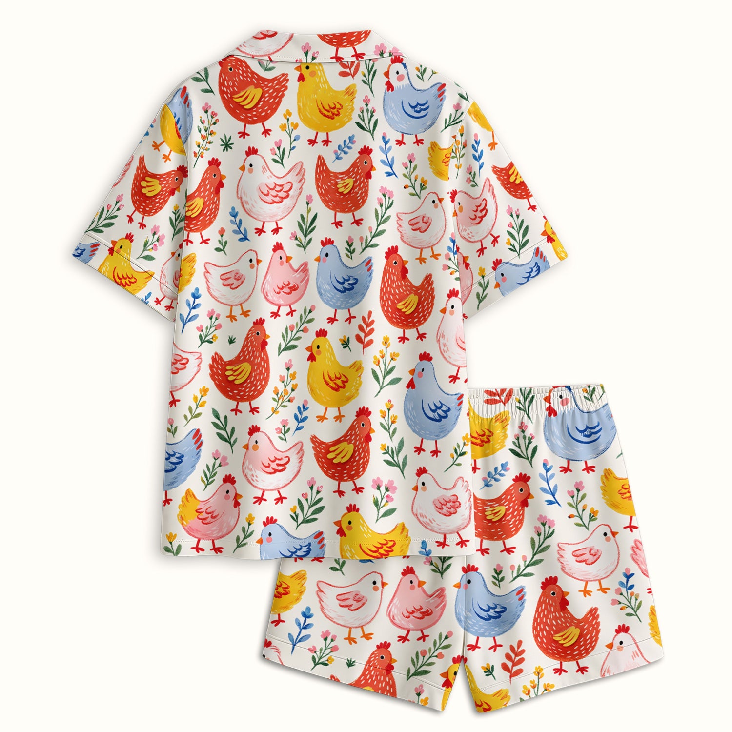 Fun Cartoon Hen Print Pajama Set, Breathable Fabrics Uniform