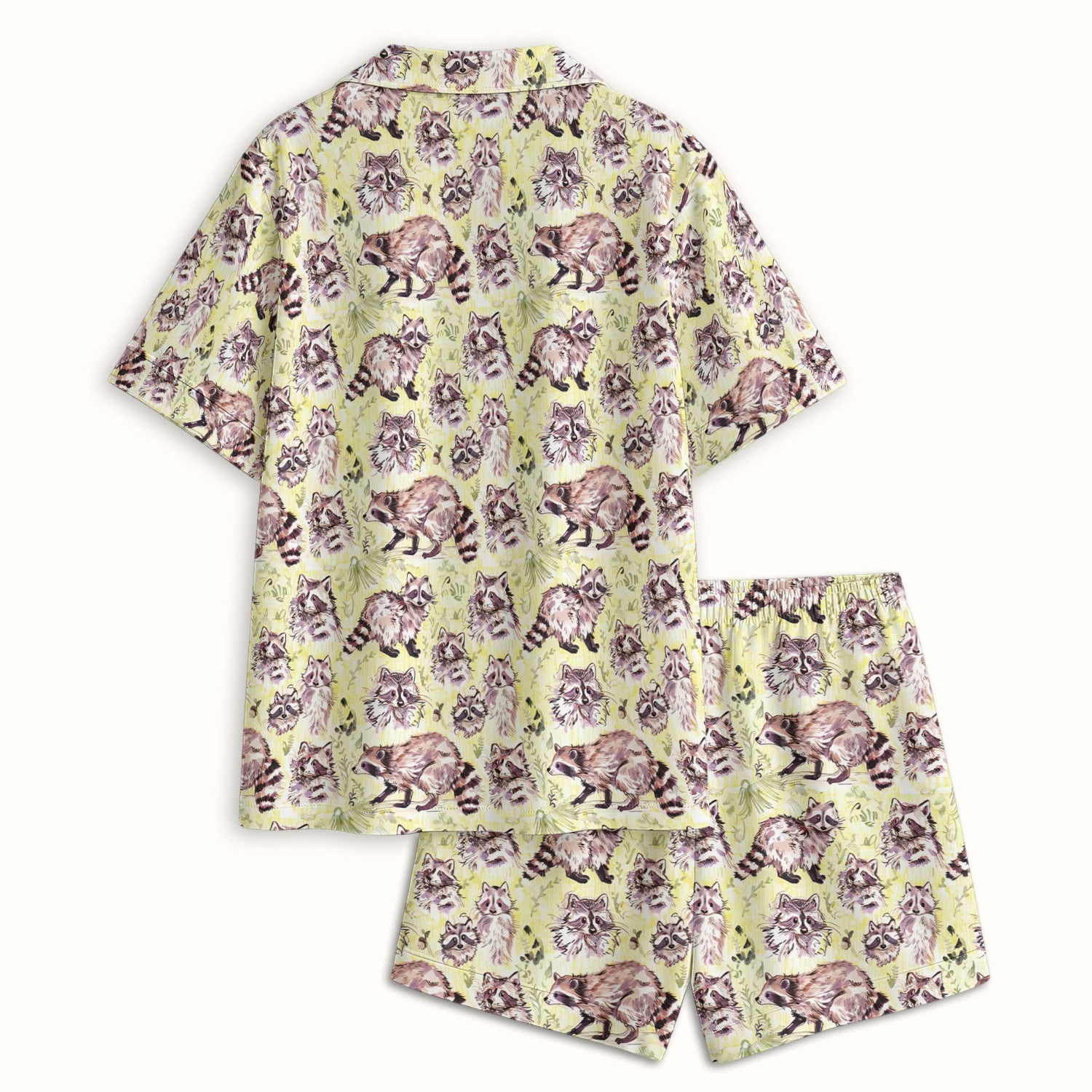 Cute Woodland Raccoon Forest Animal Pattern Pajama Set, Soft Breathable Fabric Comfortable Sleepwear