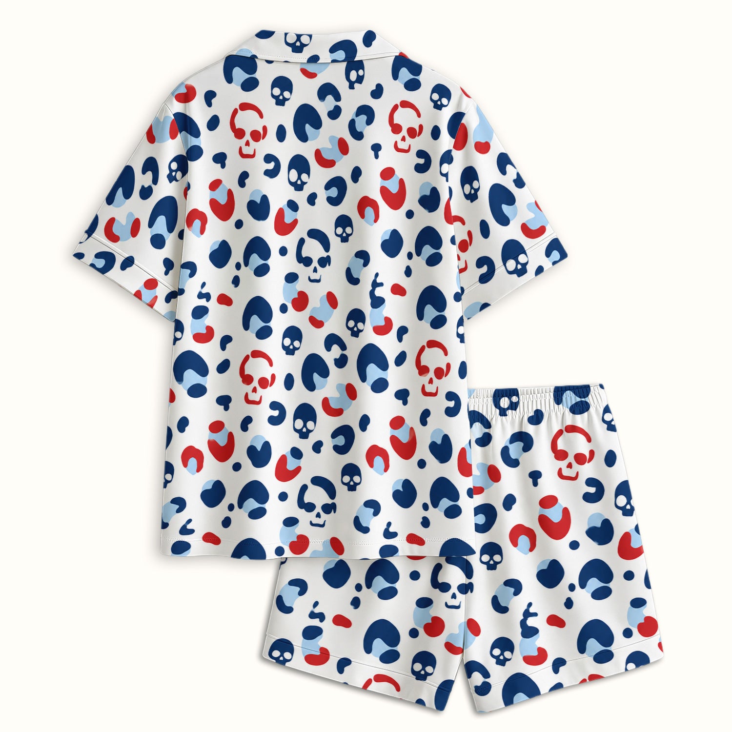 Red Blue Skull Leopard Pattern Pajama Set, Soft Breathable Fabric Comfortable Sleepwear