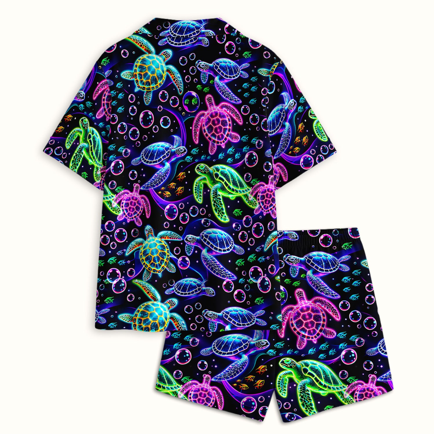 Neon Sea Turtle Swimming Bubble Ocean Pajama Set, Breathable Fabrics Uniform