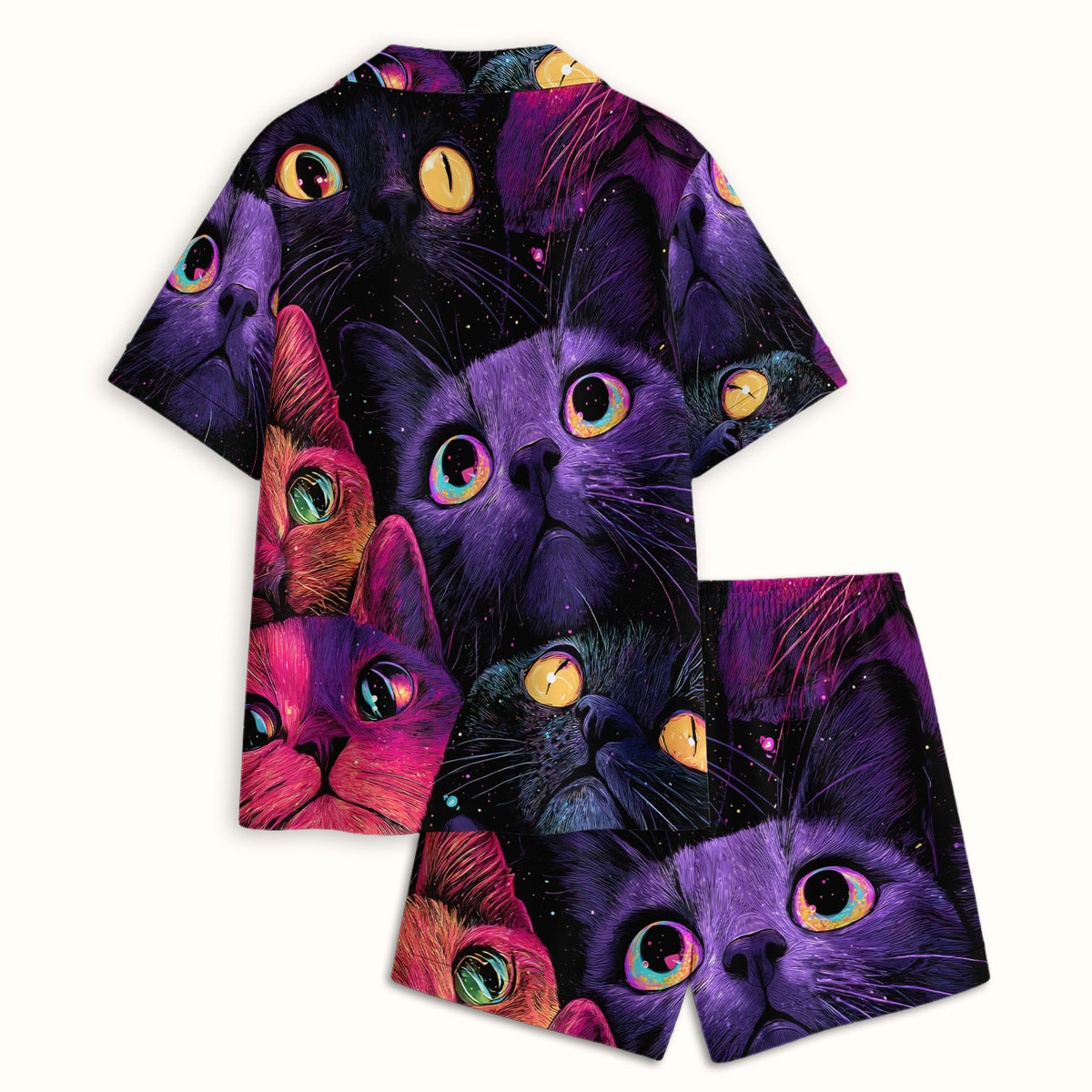 Colorful Neon Cat Faces Pajama Set, Soft Breathable Fabric Comfortable Sleepwear