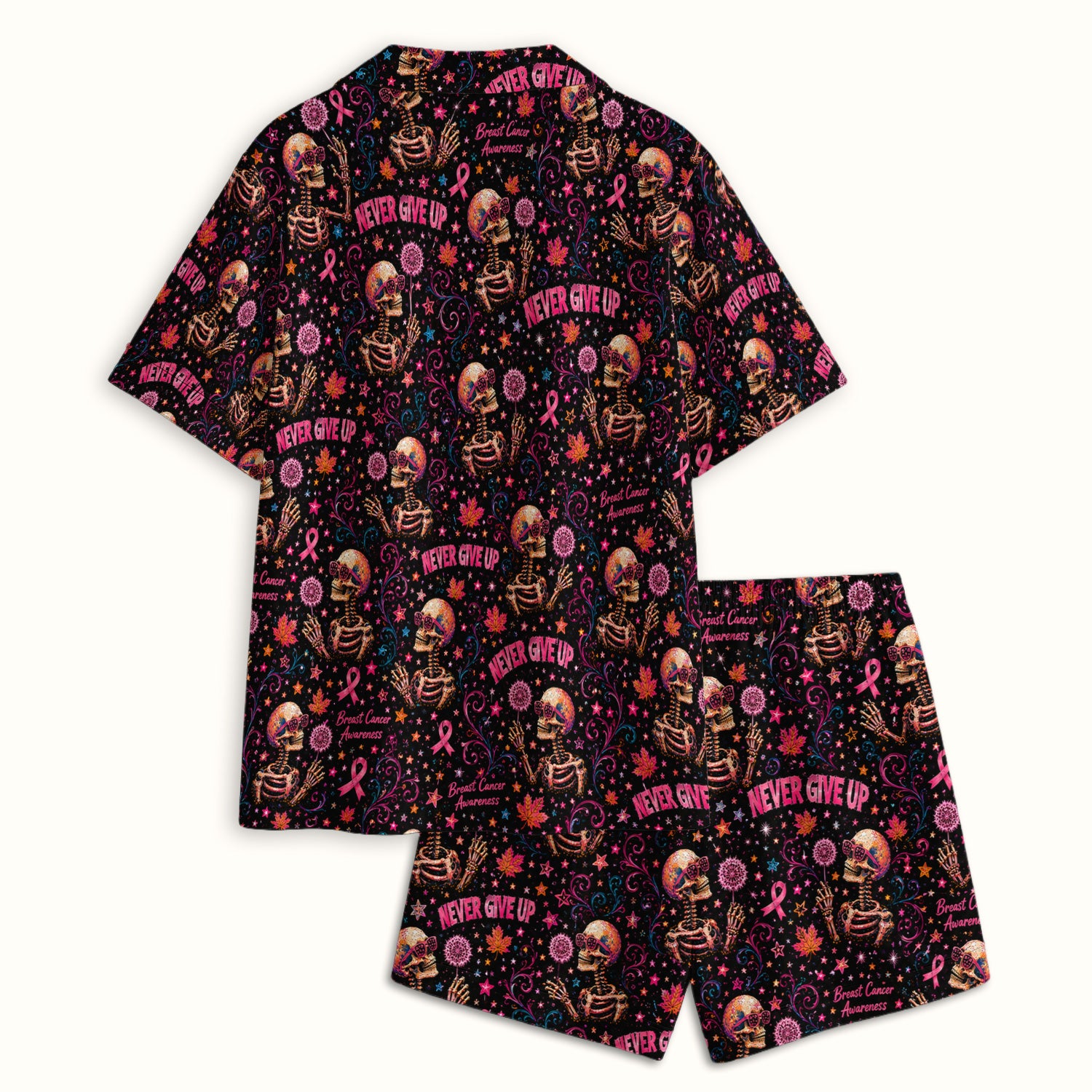 Breast Cancer Awareness Skeletons Pattern Pajama Set, Soft Breathable Fabric Comfortable Sleepwear