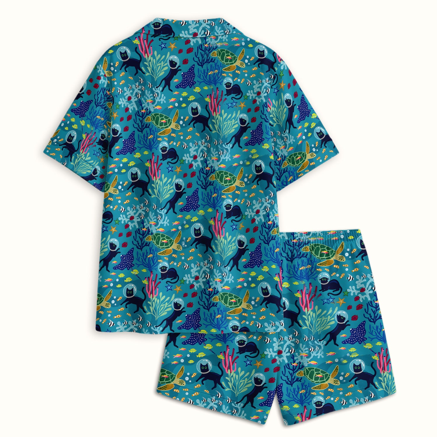 Underwater Cat Turtle Veterinary Pattern Pajama Set, Soft Breathable Fabric Comfortable Sleepwear