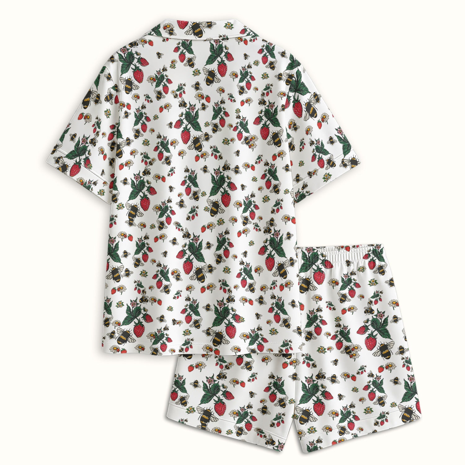 Cute Strawberry Bee Daisy Floral Pattern Pajama Set, Breathable Fabrics Uniform